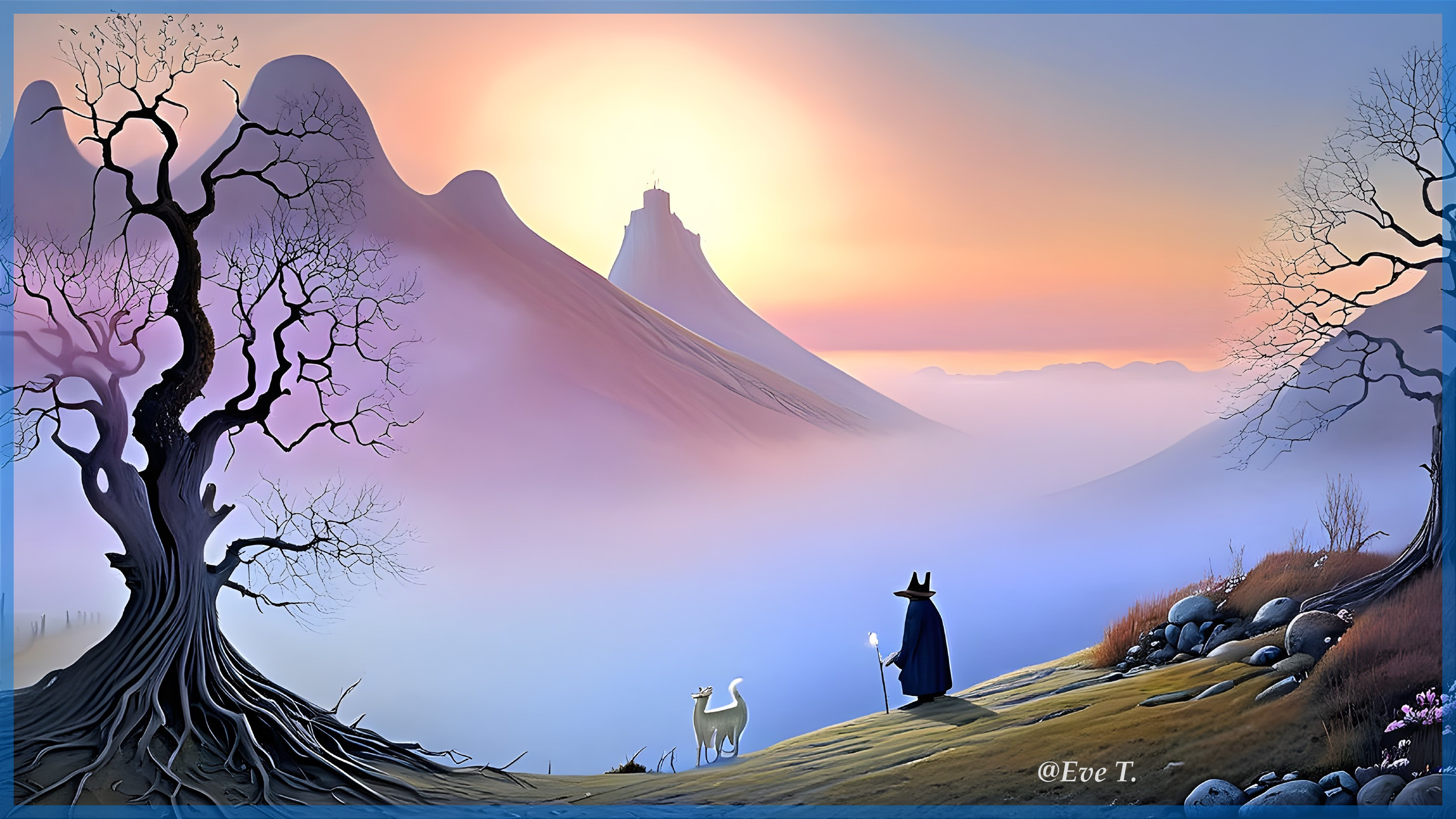 Mystical Landscape at Dawn with Mountains and Castle