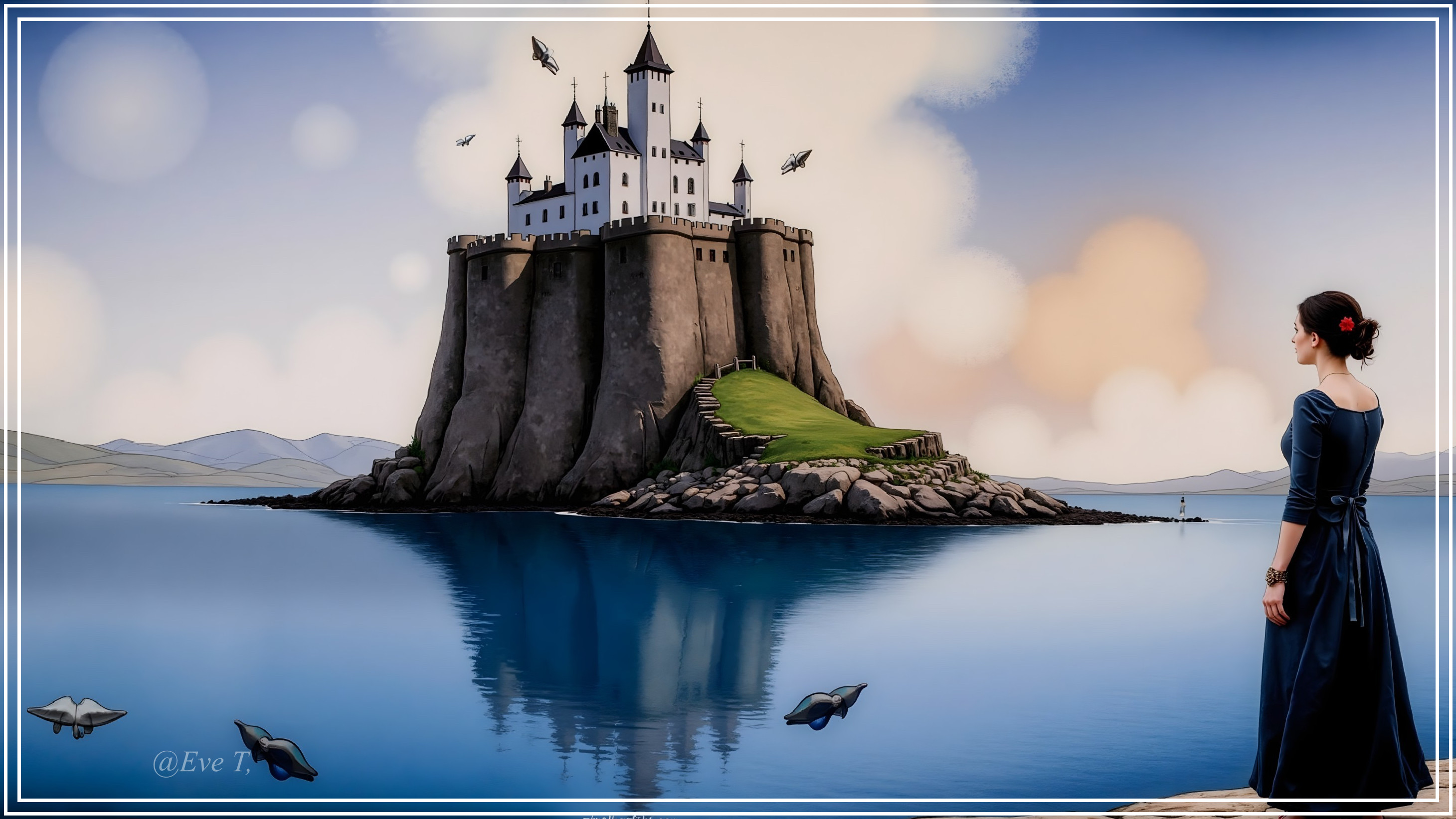 Woman in Blue Dress by Tranquil Lake and Castle