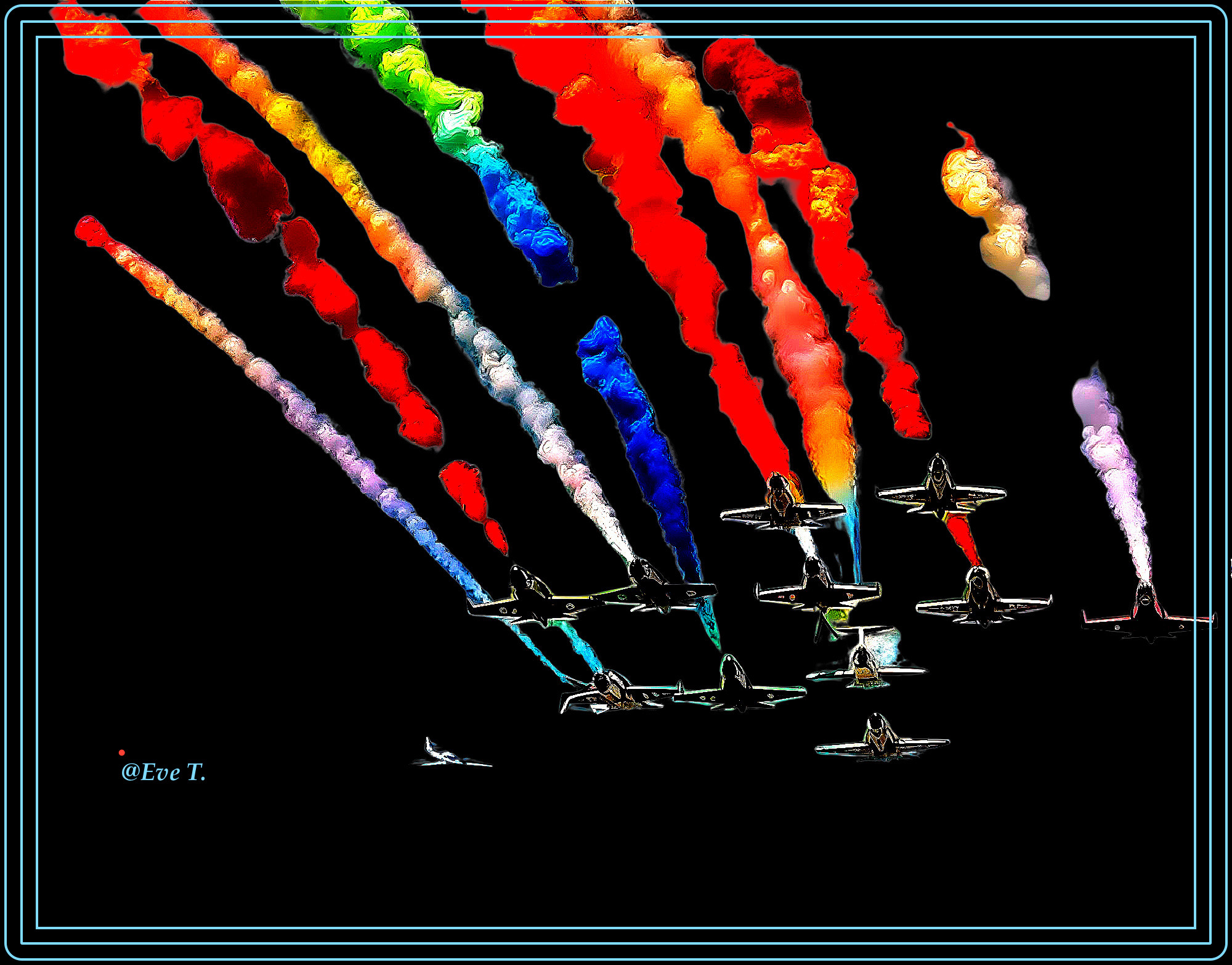 Digital Artwork of Aircraft with Colorful Smoke Trails