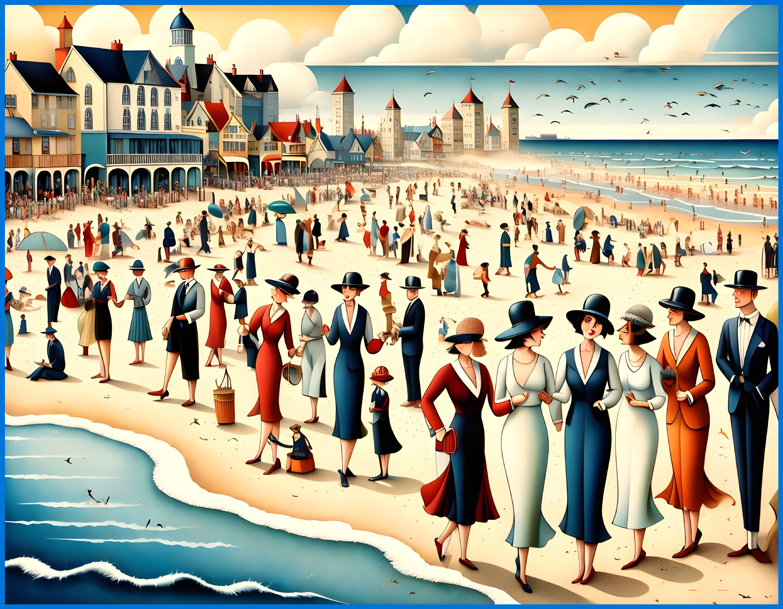 Elegant Beach Scene with Families and Colorful Houses