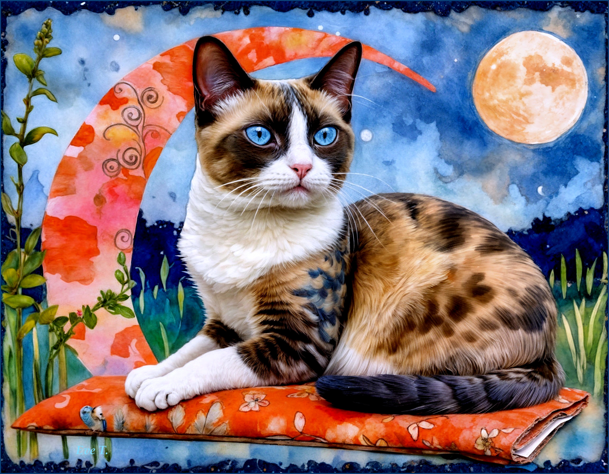 Illustration of a cat on an orange cushion in a dreamy landscape
