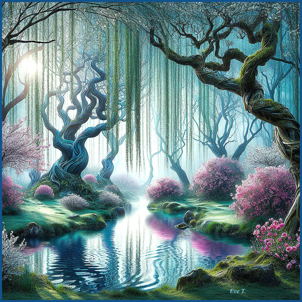 Enchanting Landscape with Twisted Trees and Blossoms