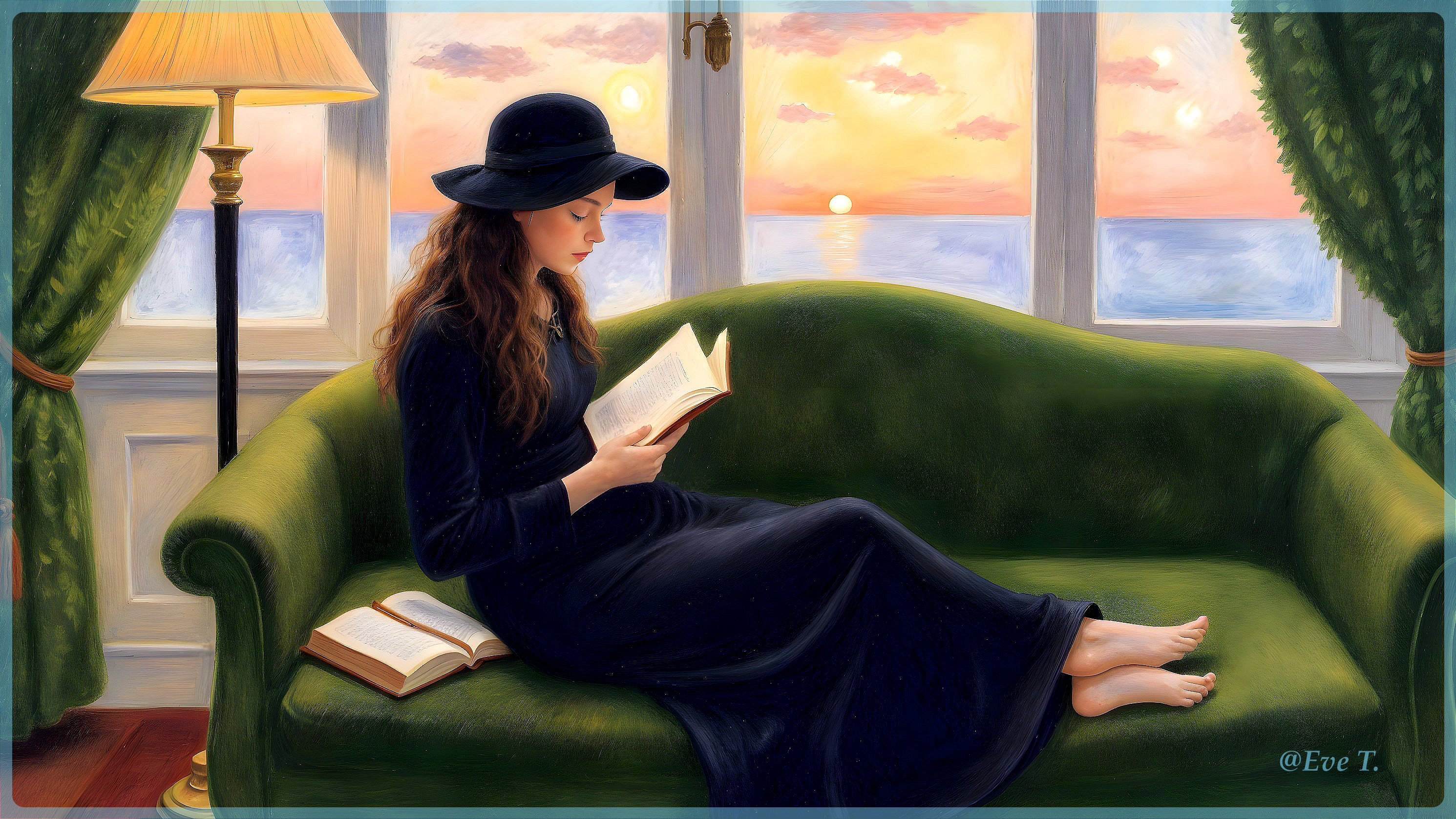 Young Woman Reading on a Green Sofa at Sunset