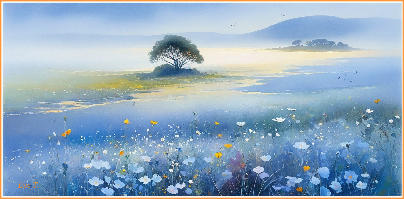 Tranquil Lake and Wildflower Landscape at Dawn