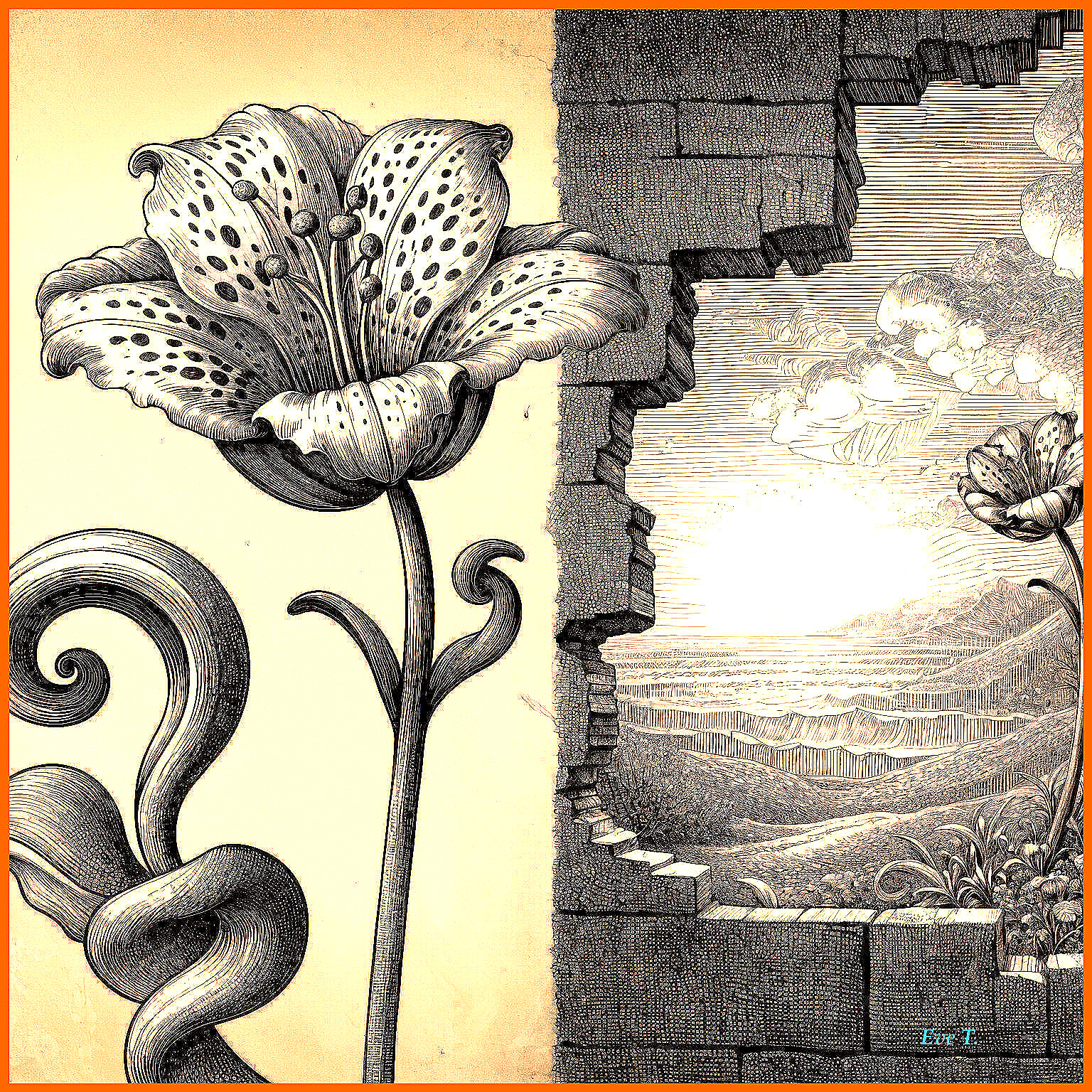 Detailed Flower Emerging from Cracked Wall Landscape