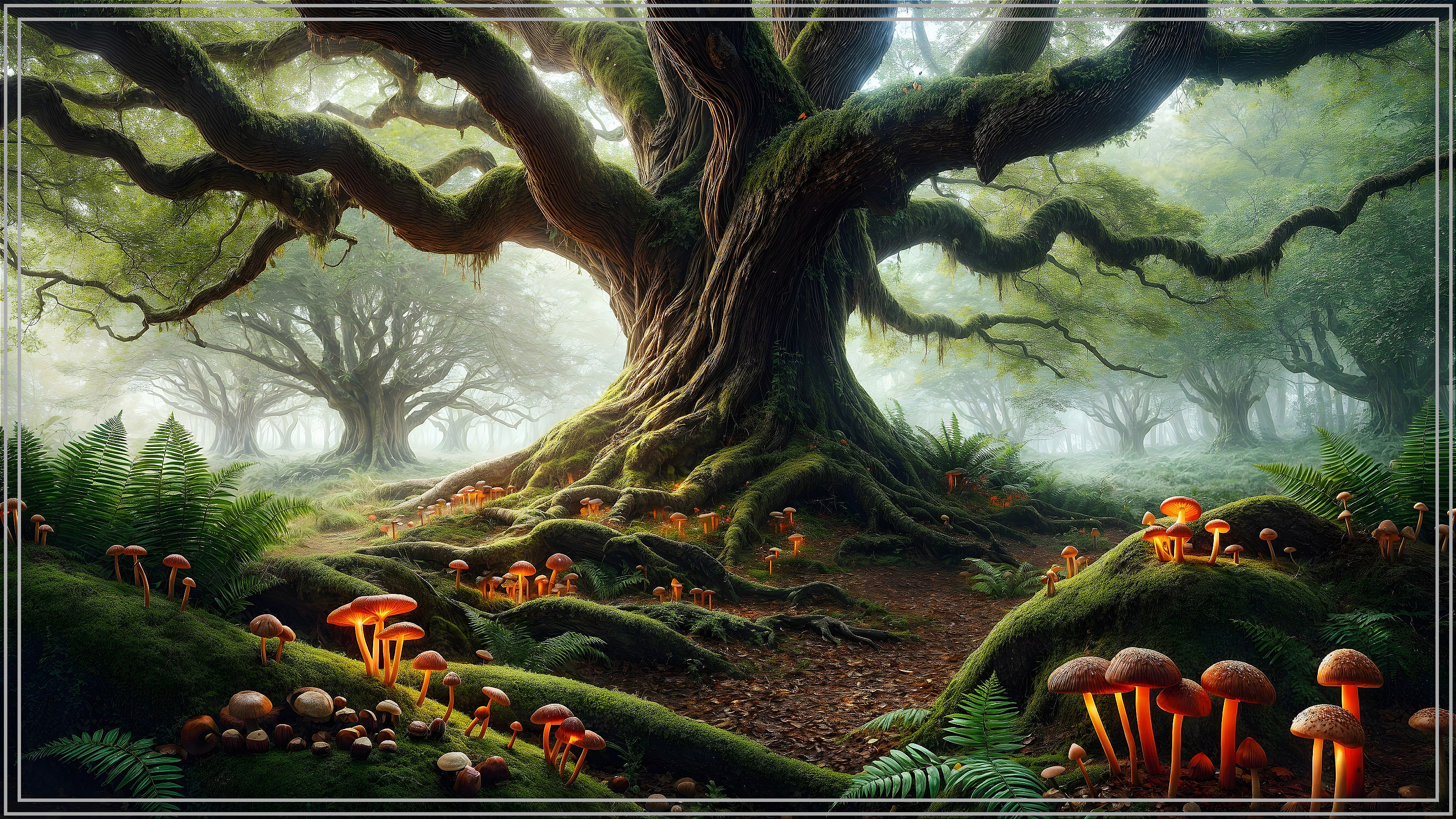 Ancient Tree in a Mystical Forest with Vibrant Foliage