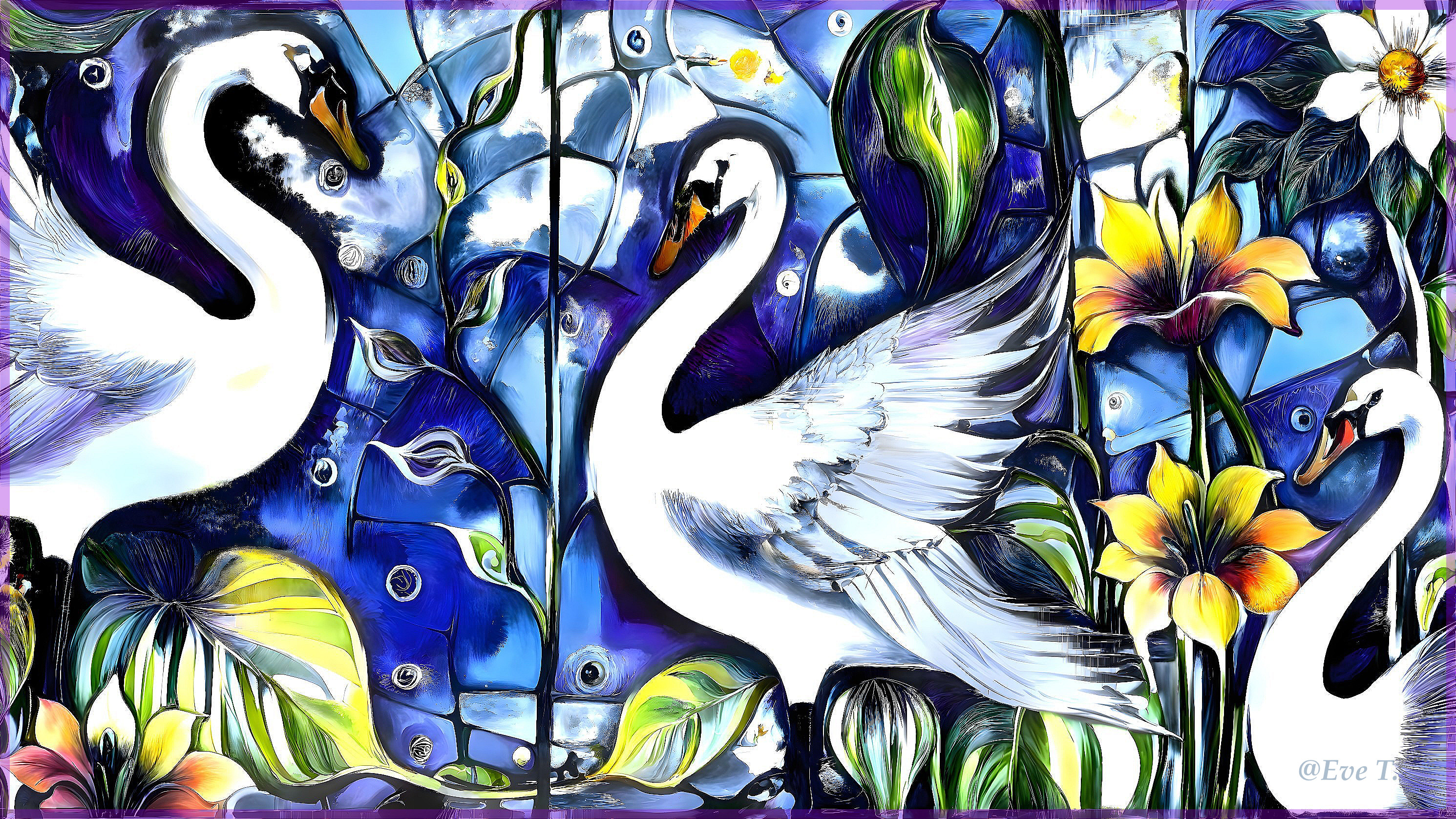 Elegant Swans in a Vibrant Floral Landscape
