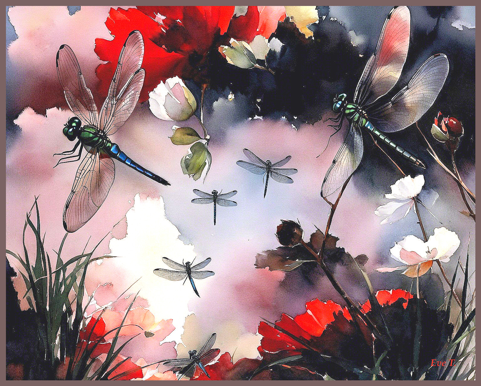 Watercolor Scene of Flowers and Dragonflies in Nature