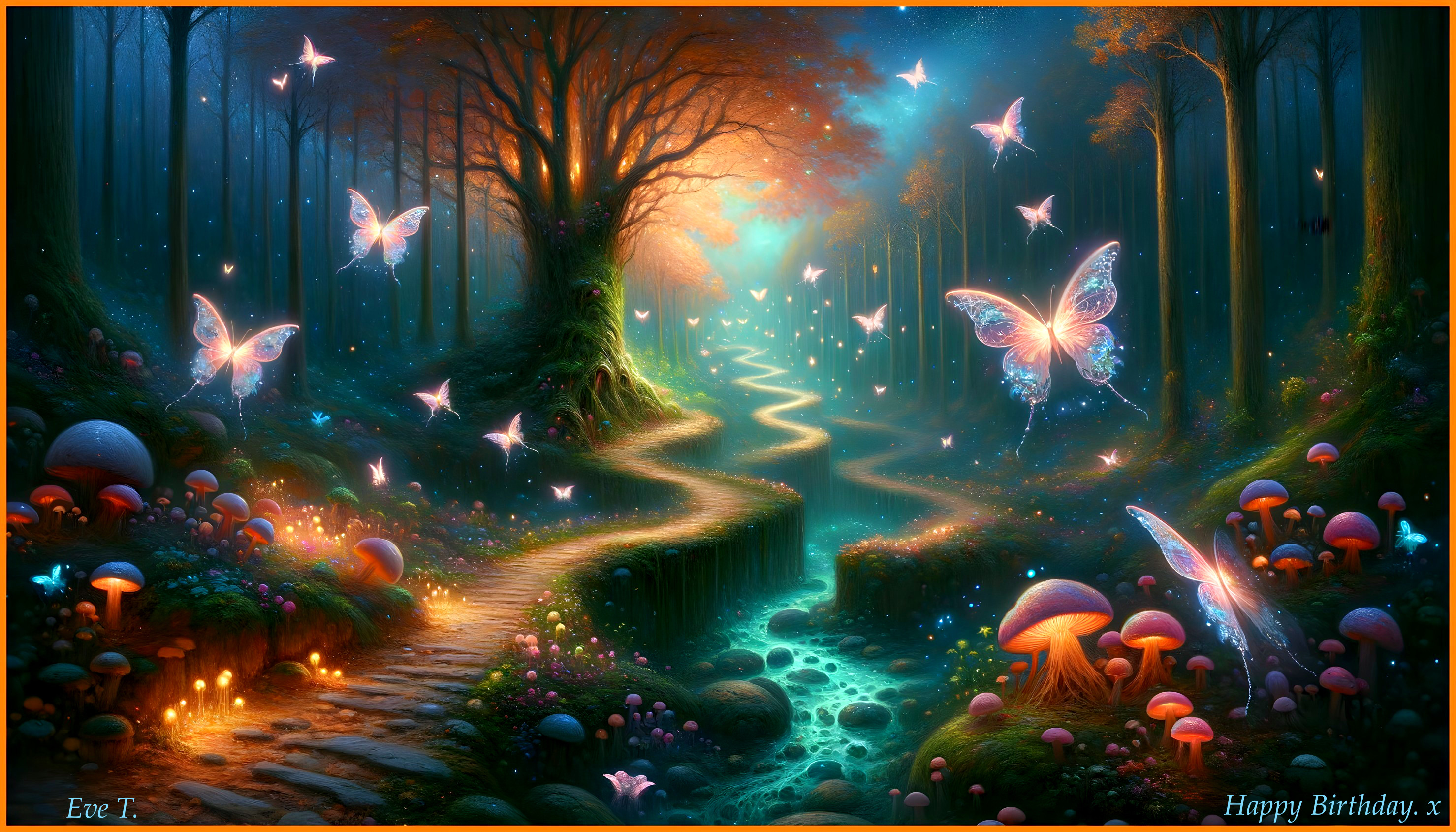 Magical Forest Scene with Glowing Lights and Butterflies