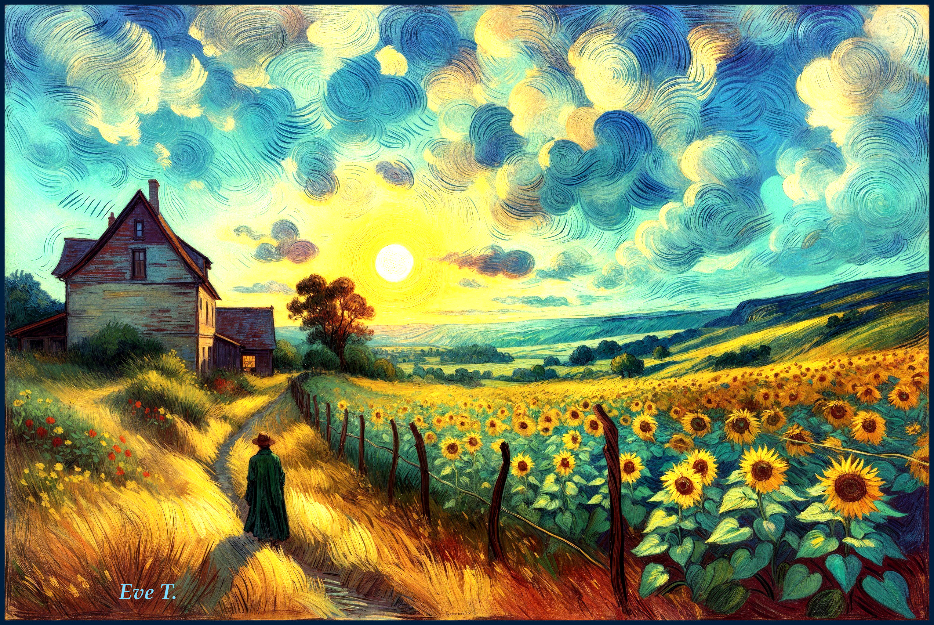 Vibrant Countryside Scene with Sunflowers and Farmhouse