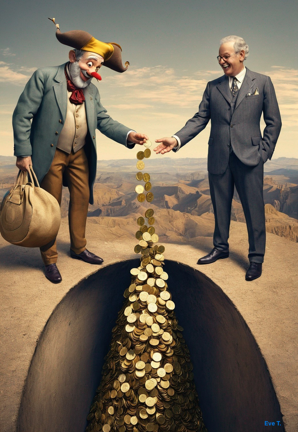 Clown and Businessman Create Coin Bridge Over Canyon