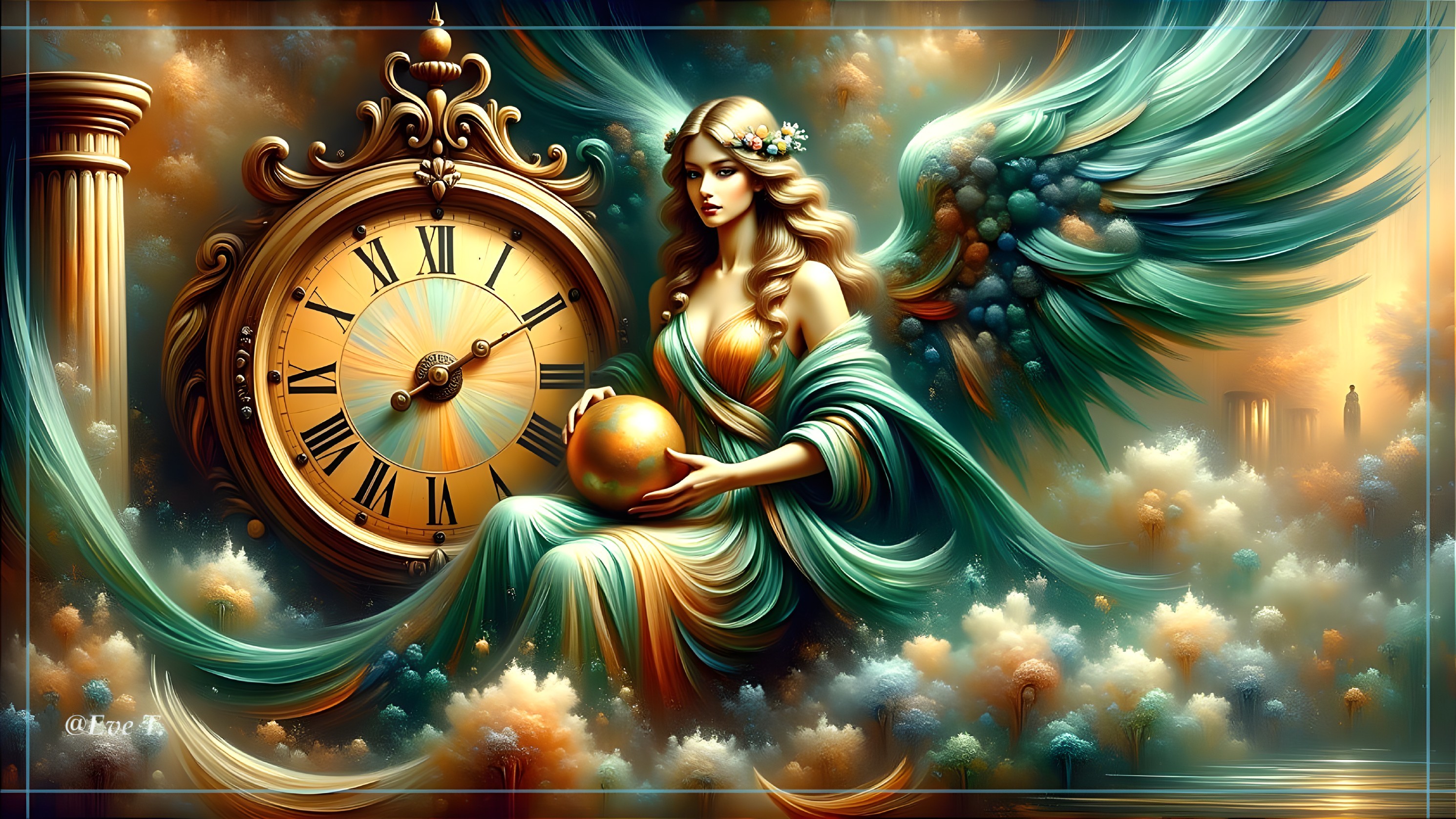 Serene Angelic Figure Beside Grand Clock and Globe