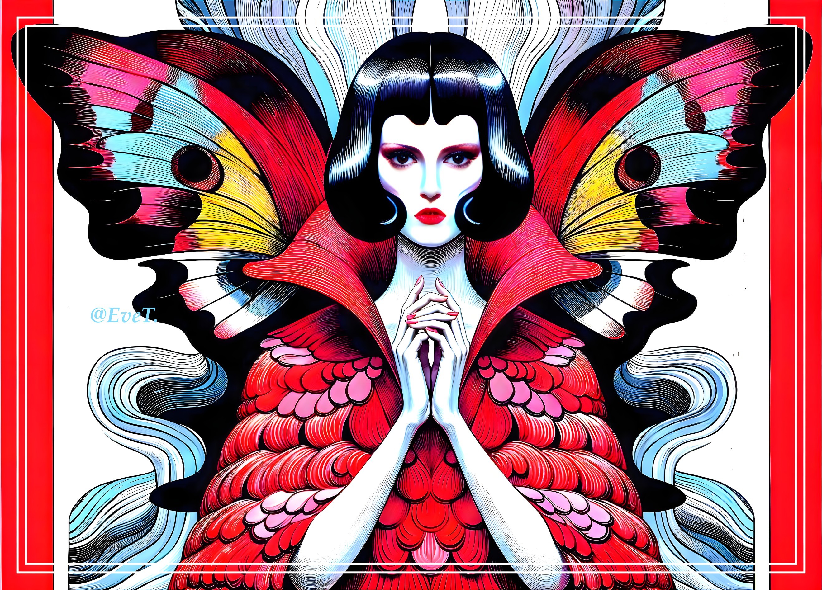 Colorful Figure with Butterfly Wings and Vibrant Background