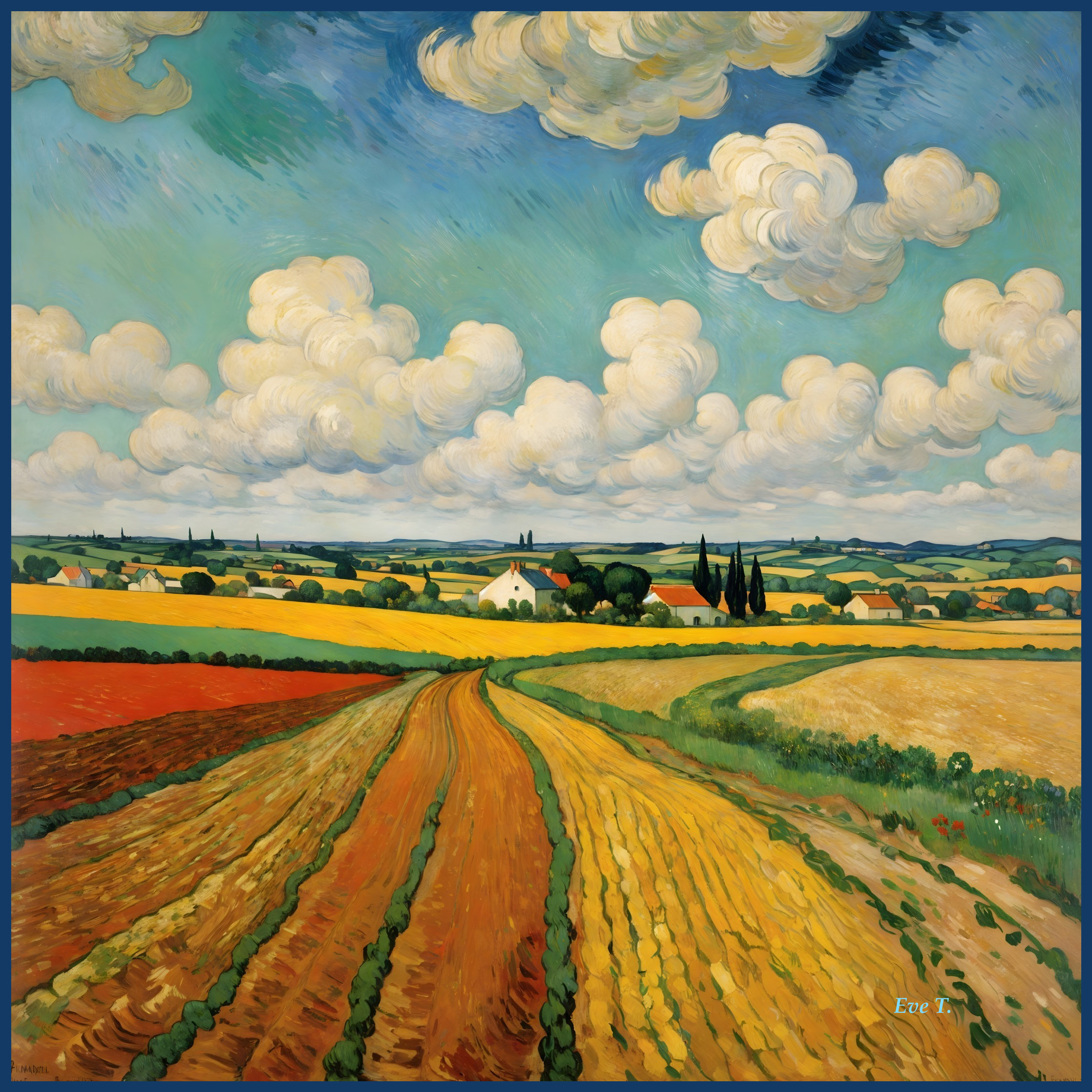 Vibrant Landscape with Rolling Fields and Clouds