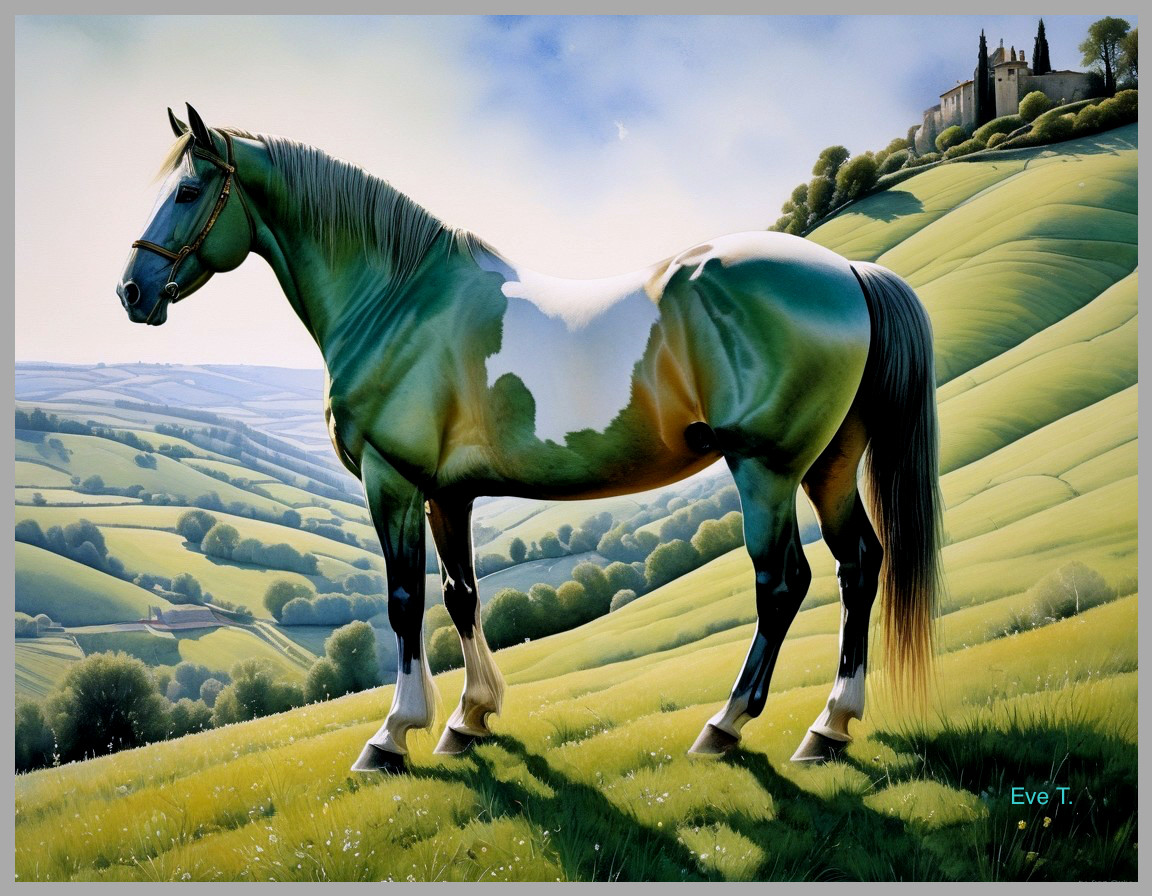 Majestic horse on a lush hillside with a castle backdrop