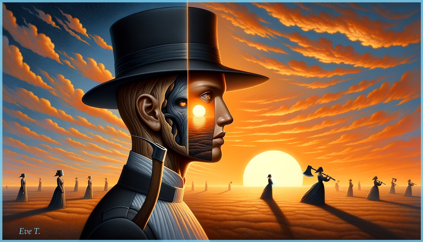 Surreal Landscape with Half-Human, Half-Mechanical Figure