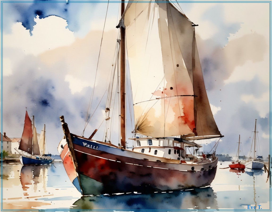 Watercolor Painting of Vintage Sailing Boat in Harbor