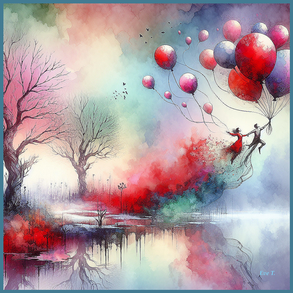 Whimsical Landscape with Balloon-Flying Figures