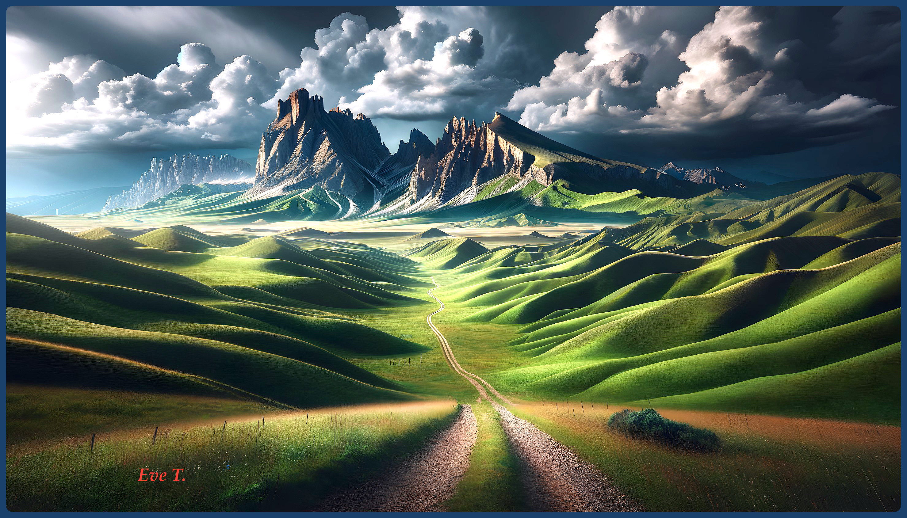 Rolling Green Hills and Majestic Mountains Landscape