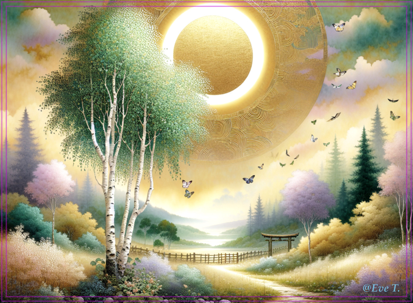 Serene Landscape with Golden Sun and Lush Nature