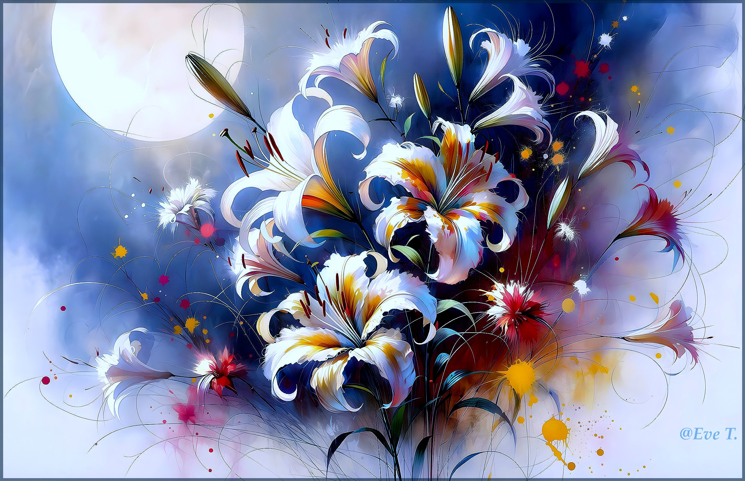Digital Painting of White and Yellow Lilies in Abstract Background