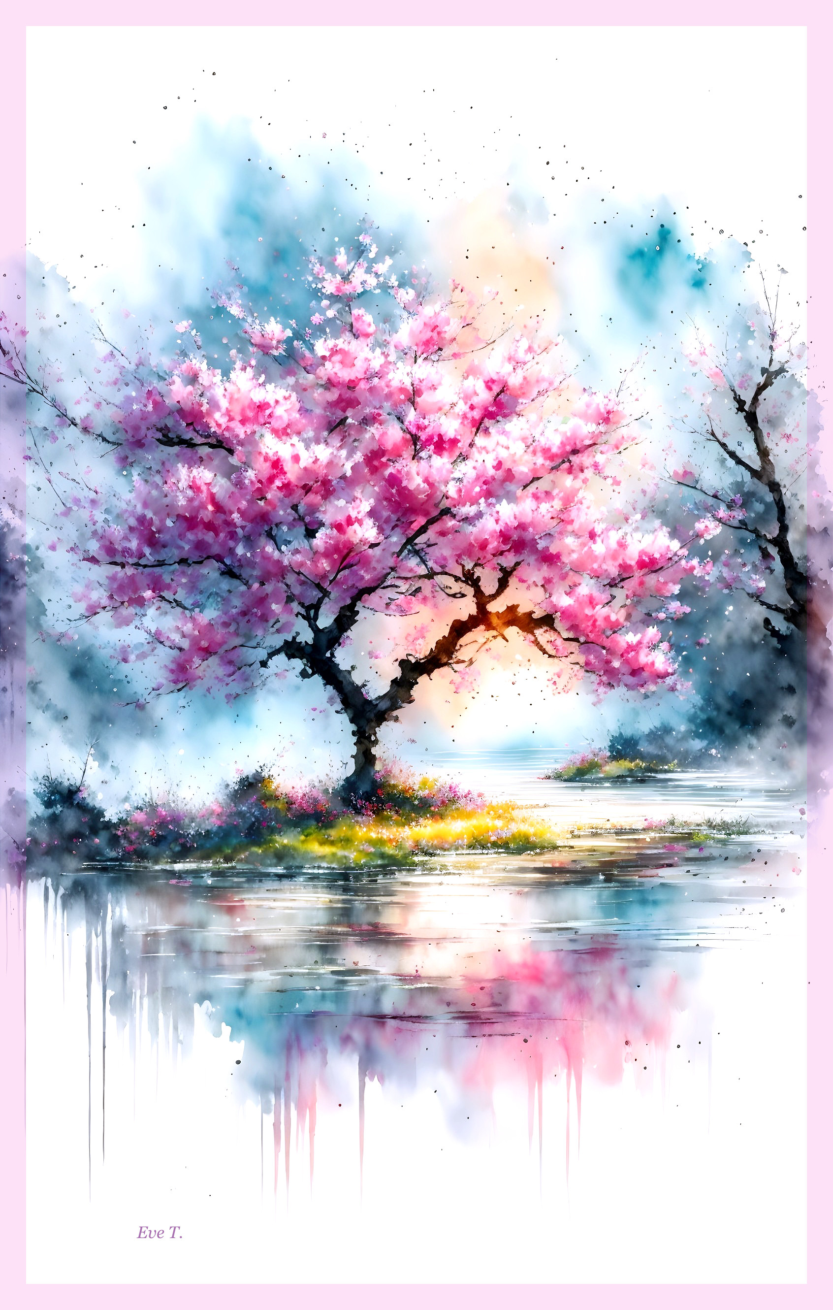 Serene Landscape with Cherry Blossom and Calm Waters