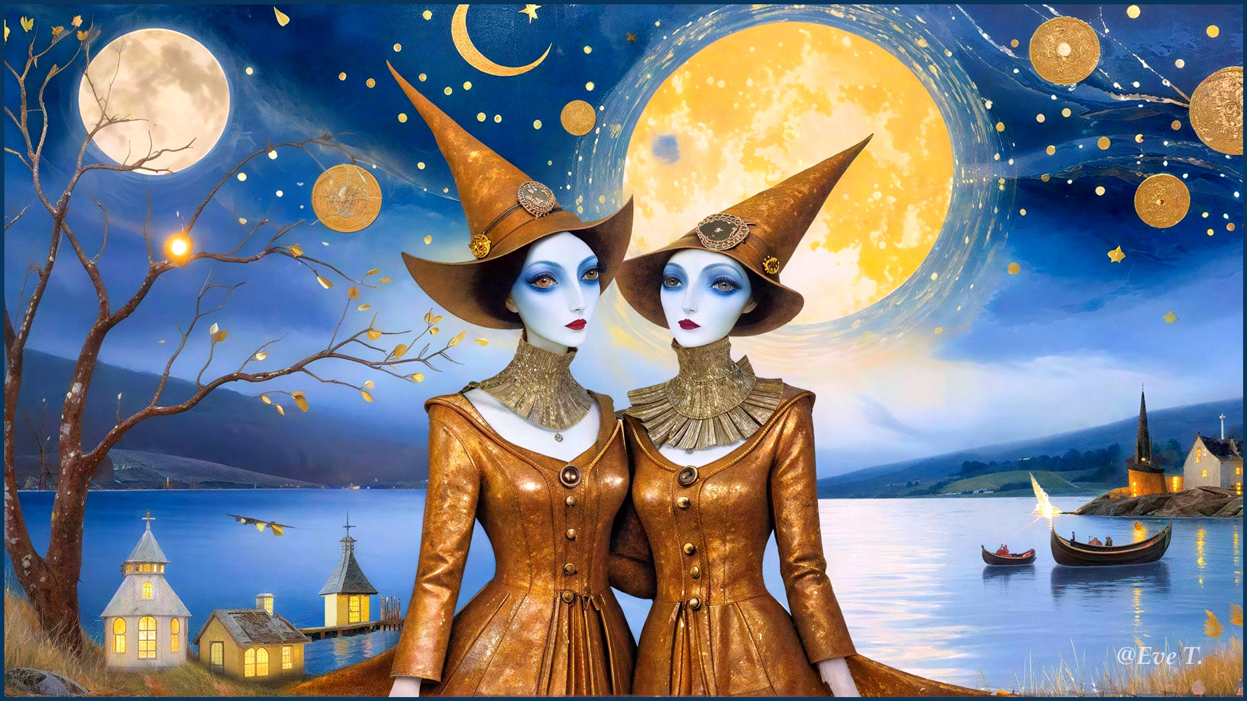 Stylized Witch Characters with Golden Attire and Moon
