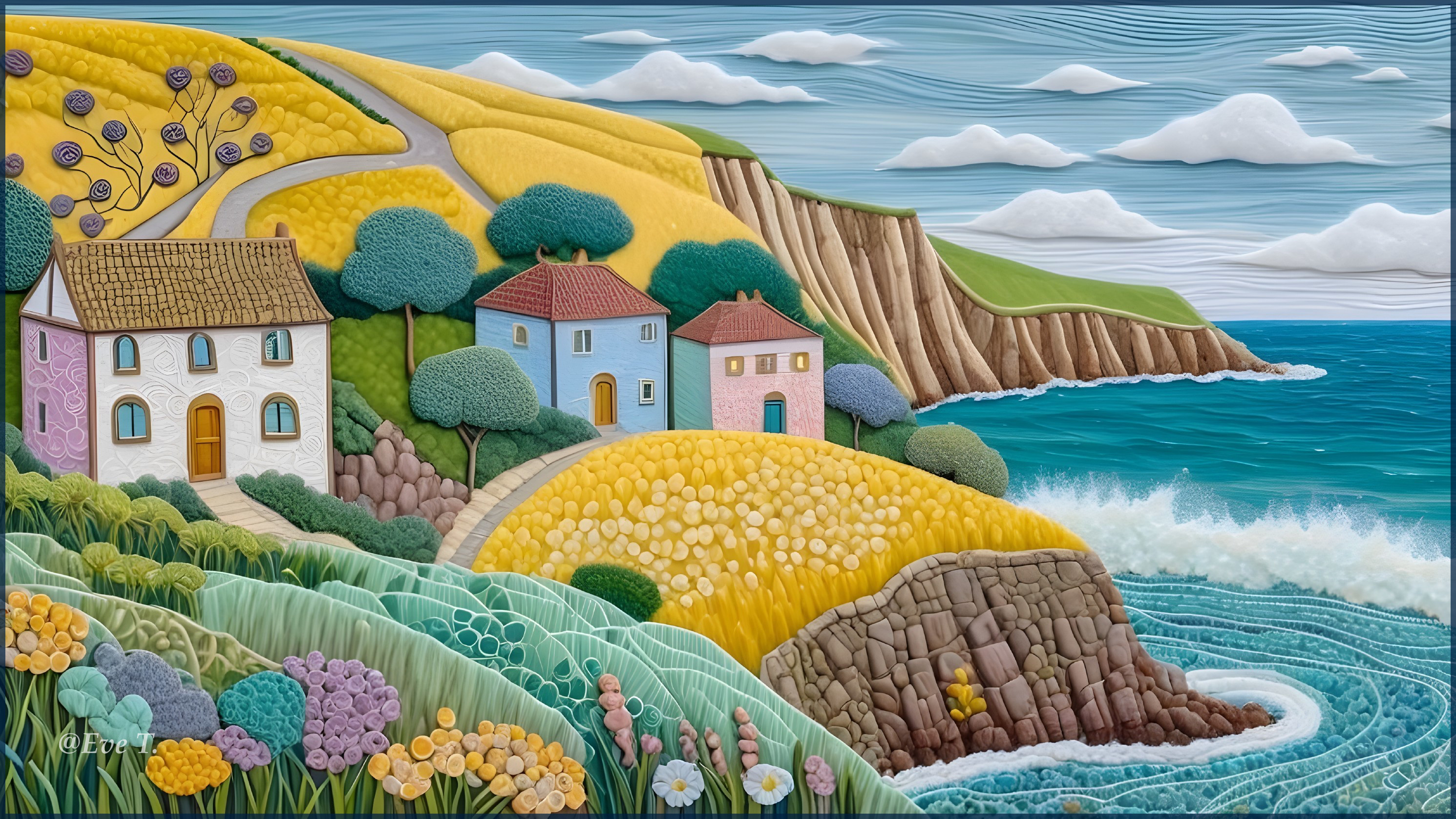 Vibrant Coastal Landscape with Colorful Houses and Waves