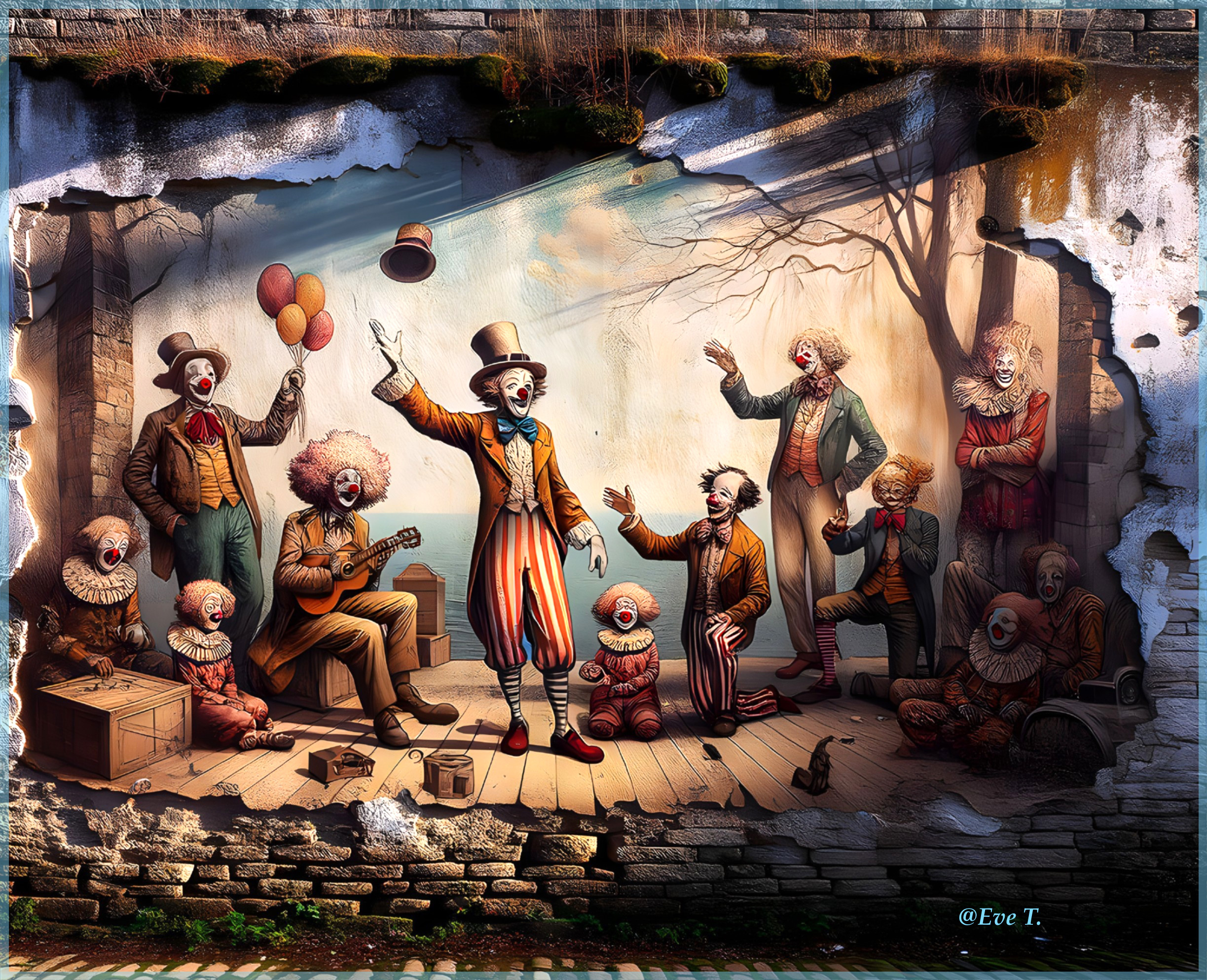 Vintage Clowns Performing on Stage in Rustic Setting