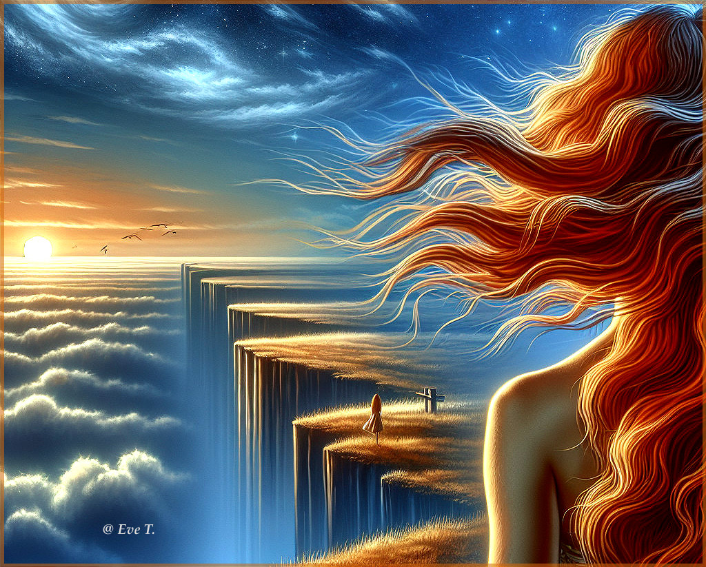 Surreal Landscape with Figure at Sunset on Cliff