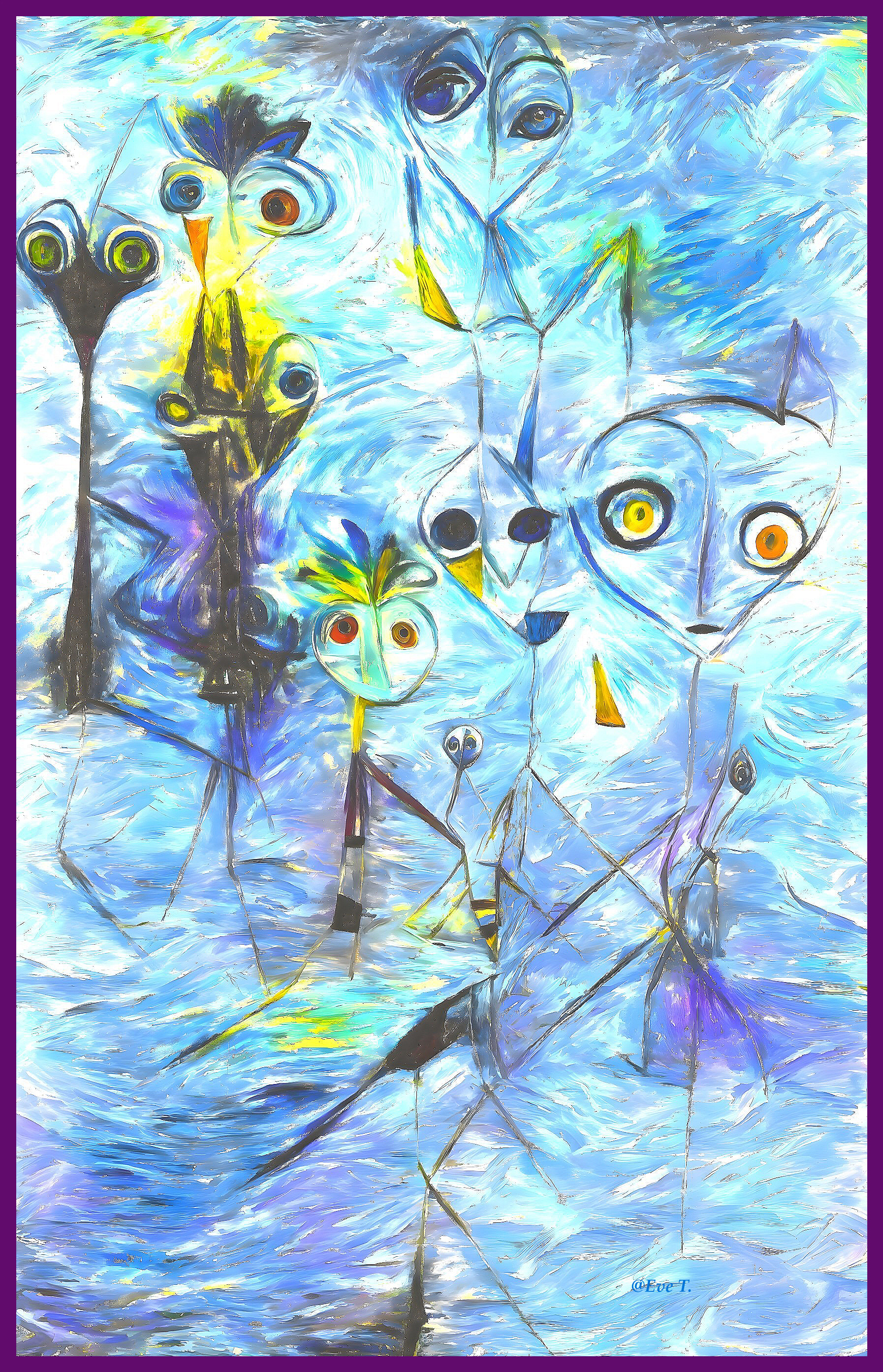 Abstract Figures with Expressive Eyes on Blue Background