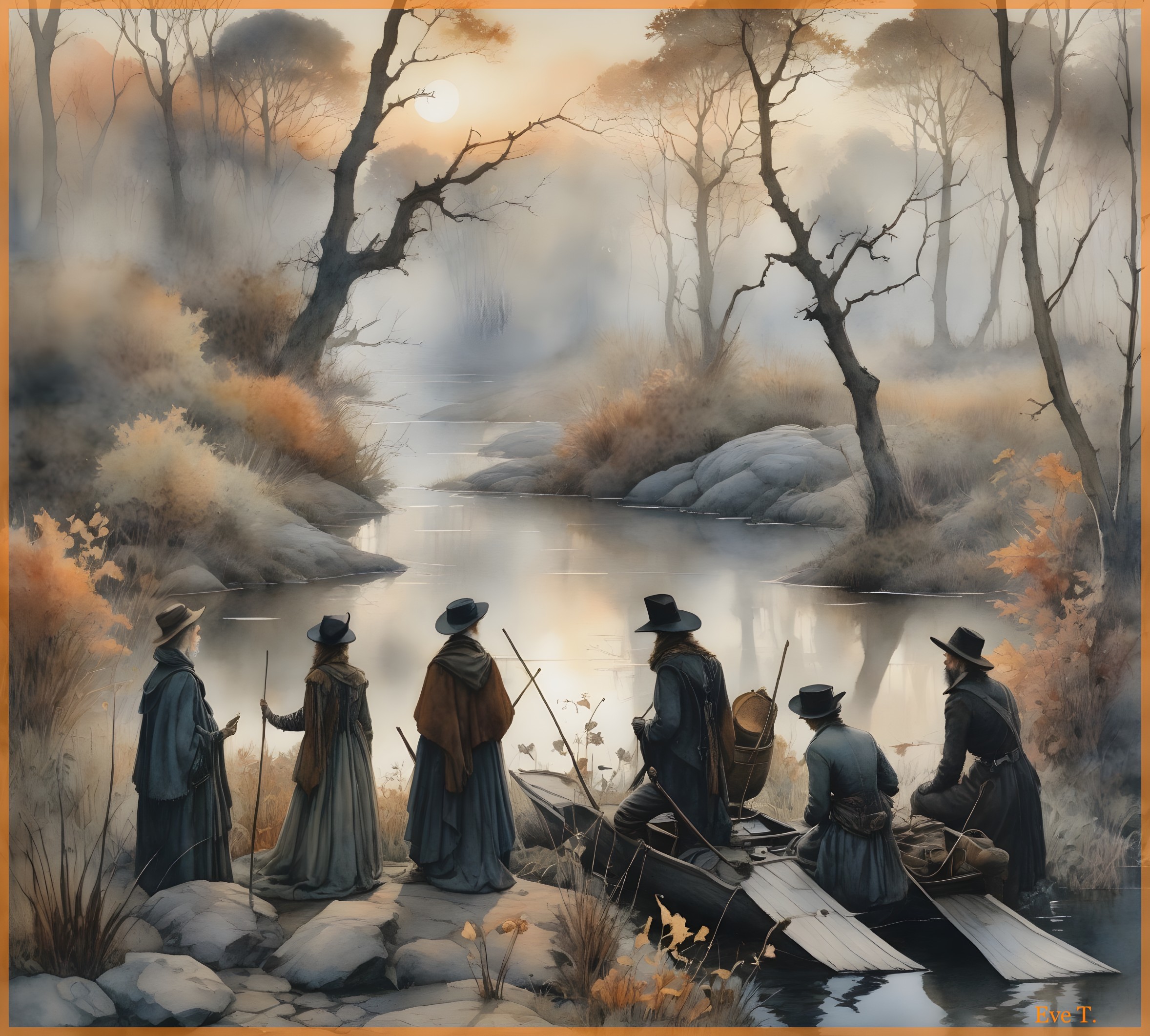 Misty Landscape with Figures in 19th-Century Attire