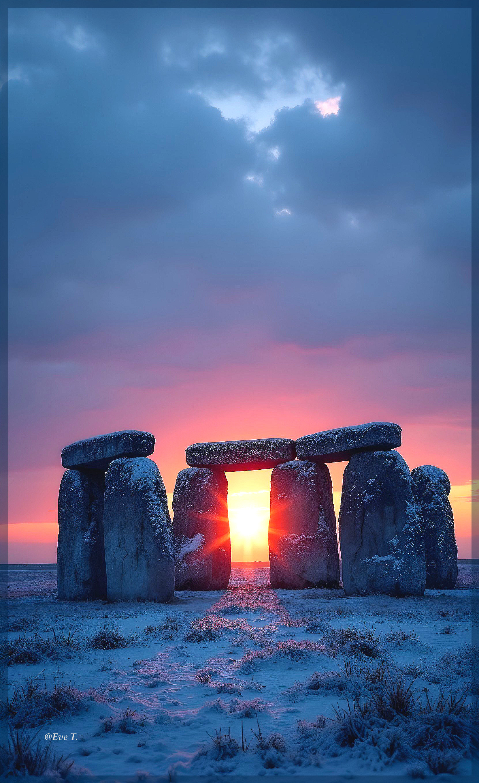 Stonehenge at Sunset Surrounded by Snowy Landscape