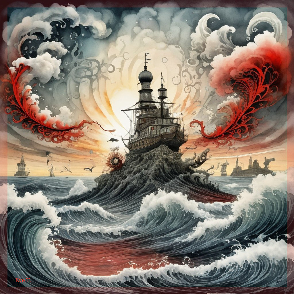 Surreal Ship on Stormy Sea with Intricate Details