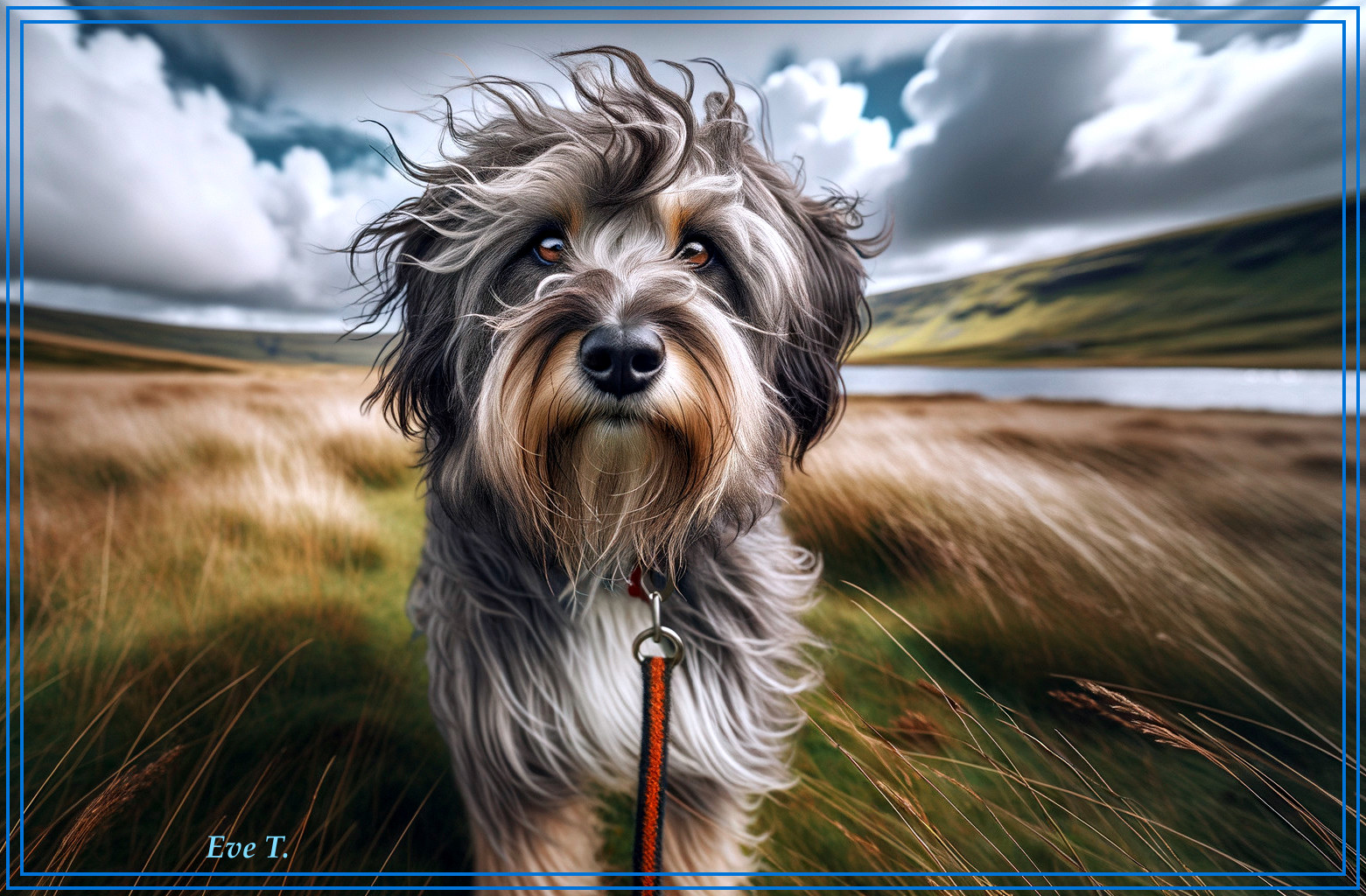 Gray Fluffy Dog in Grassy Field with Dramatic Sky