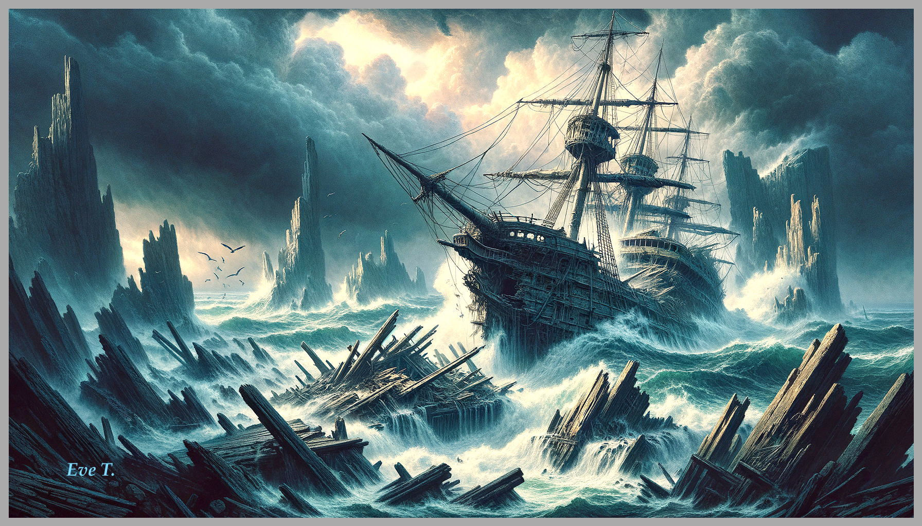 Abandoned Ship in Stormy Seas and Dark Skies