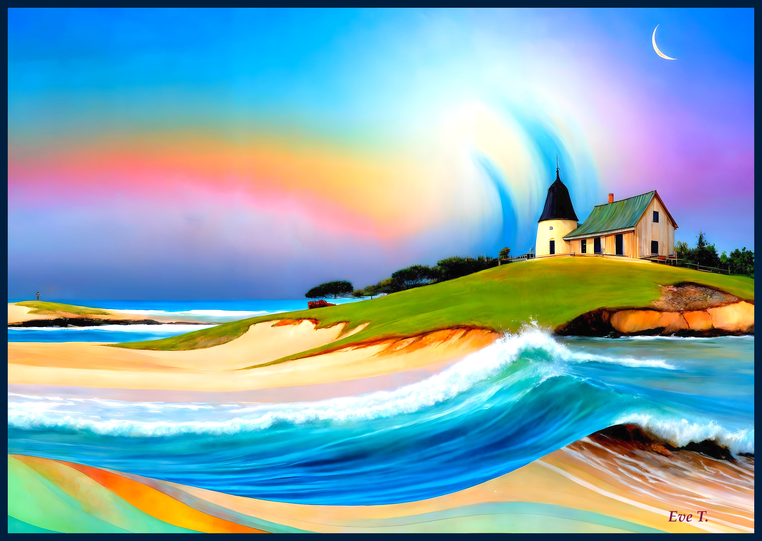 Coastal Scene with House on Hill and Dreamlike Sky