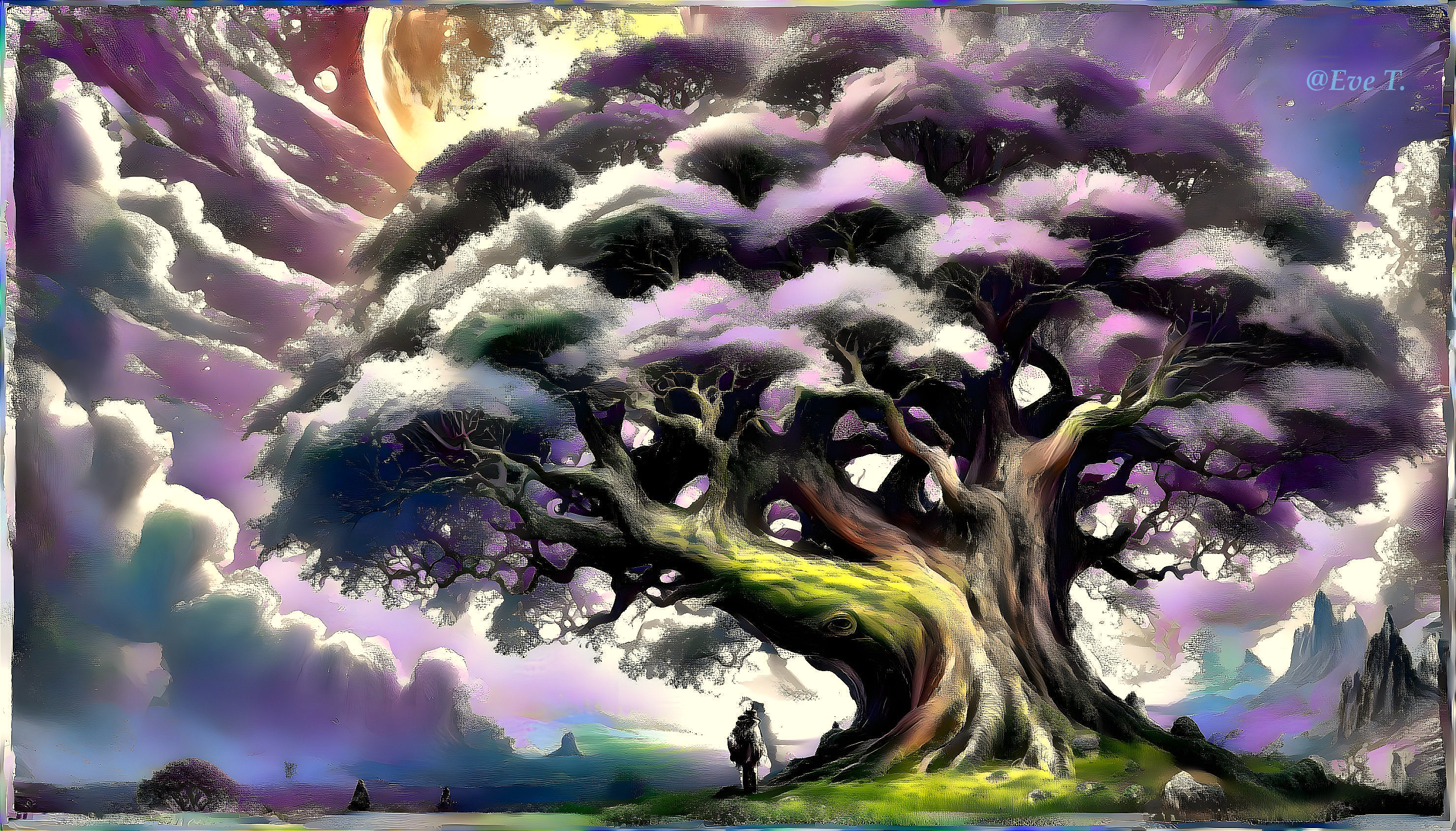 Majestic tree with blossoms under a glowing moon