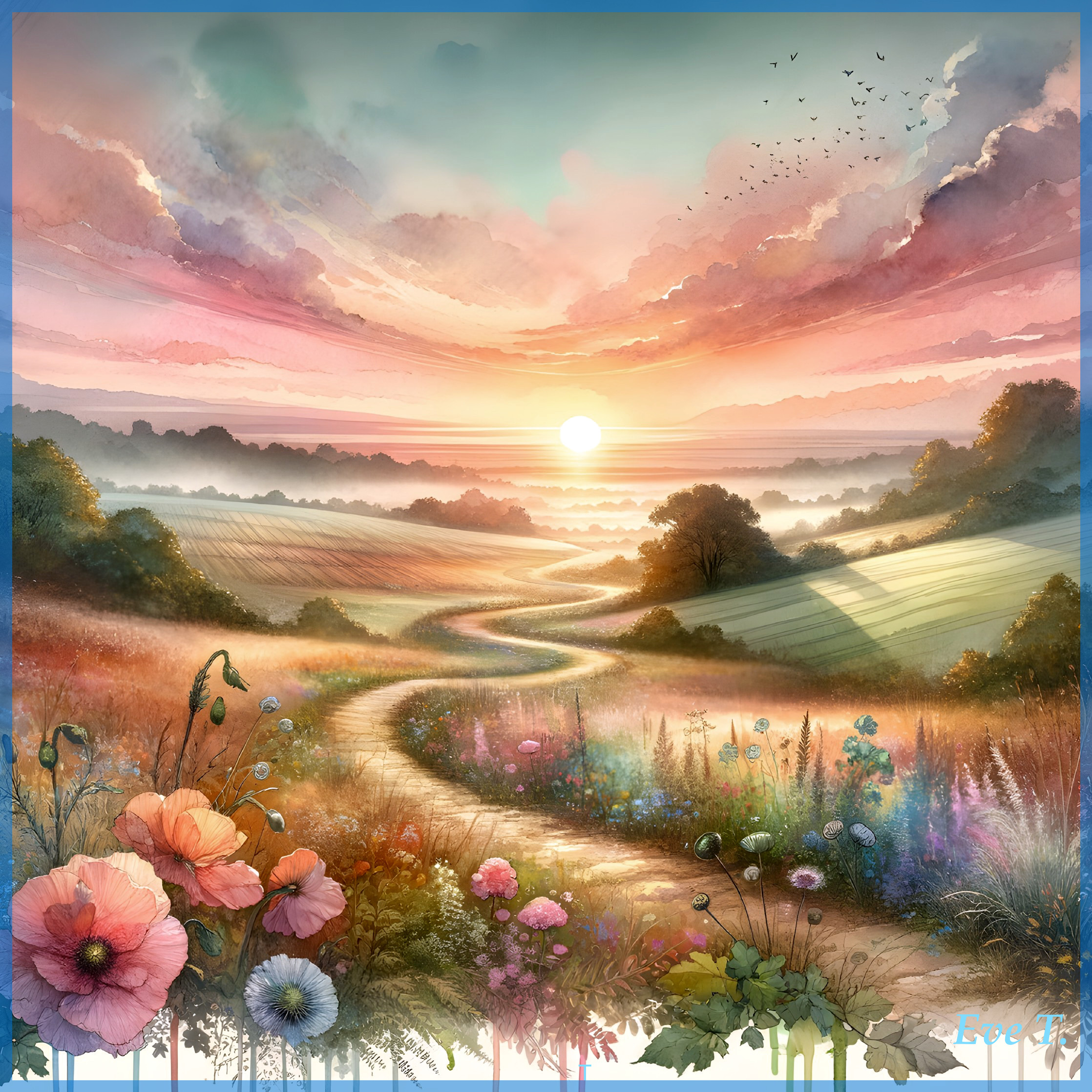 Serene Sunset Landscape with Winding Path and Wildflowers