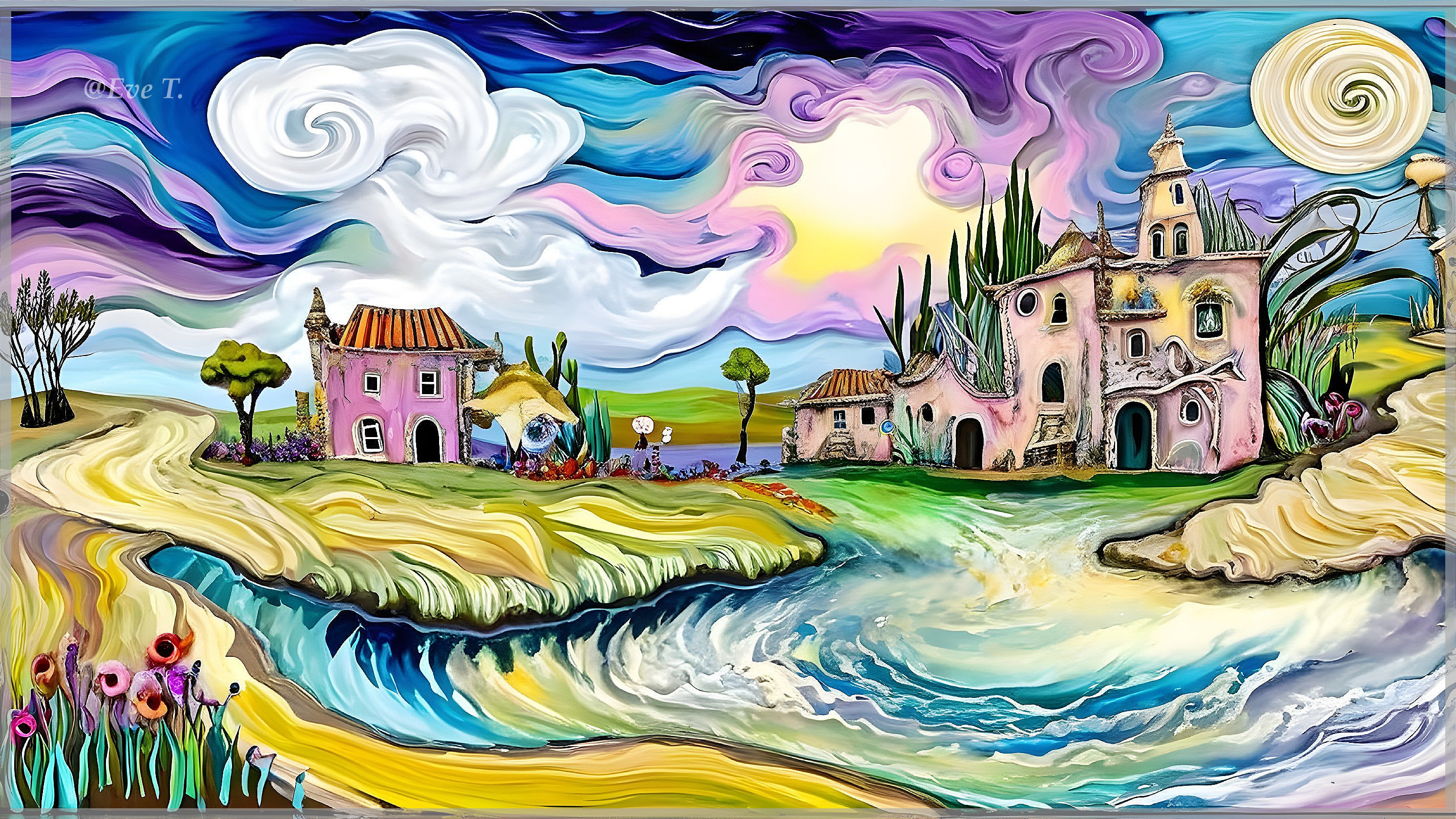 Whimsical Landscape with Pastel Houses and Flowing River