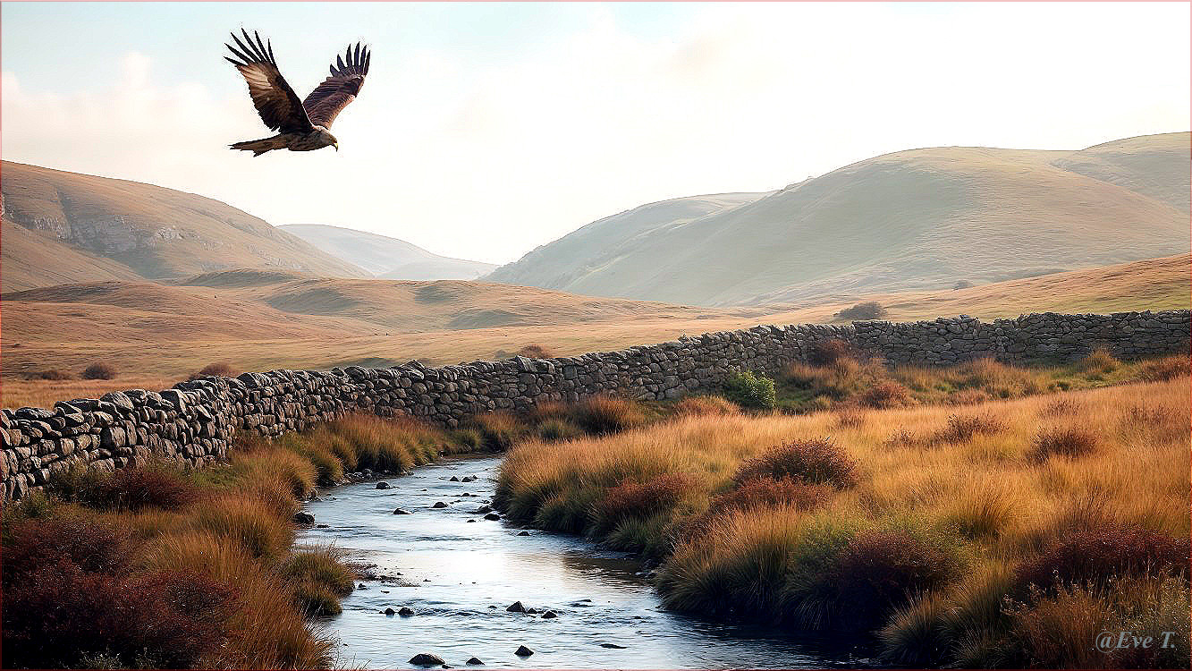 Majestic Bird of Prey Over Serene Landscape Scene