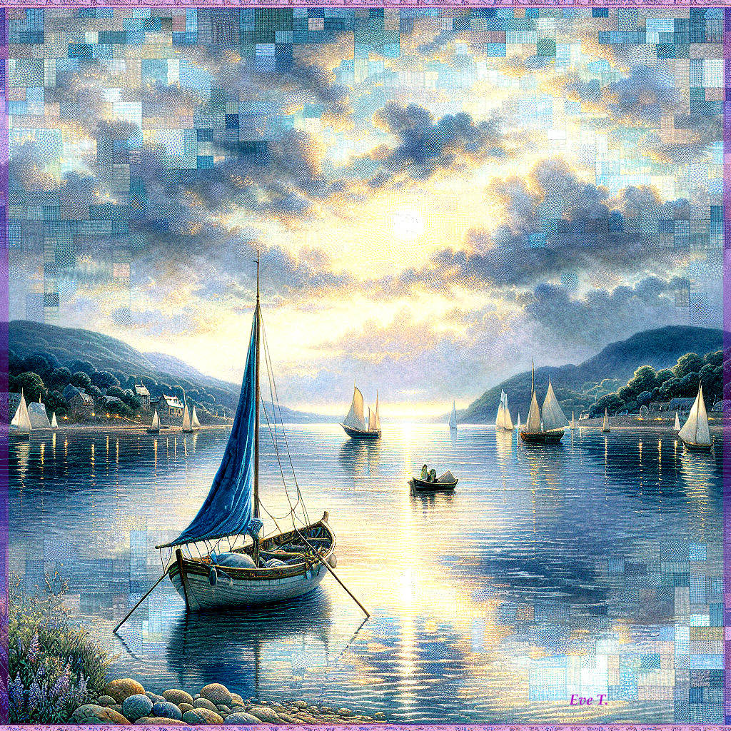Serene Dawn Seascape with Sailboats and Pastel Horizon