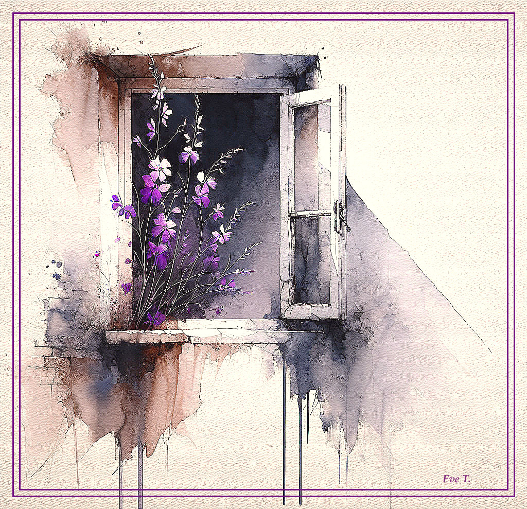 Rustic window with purple flowers on textured wall
