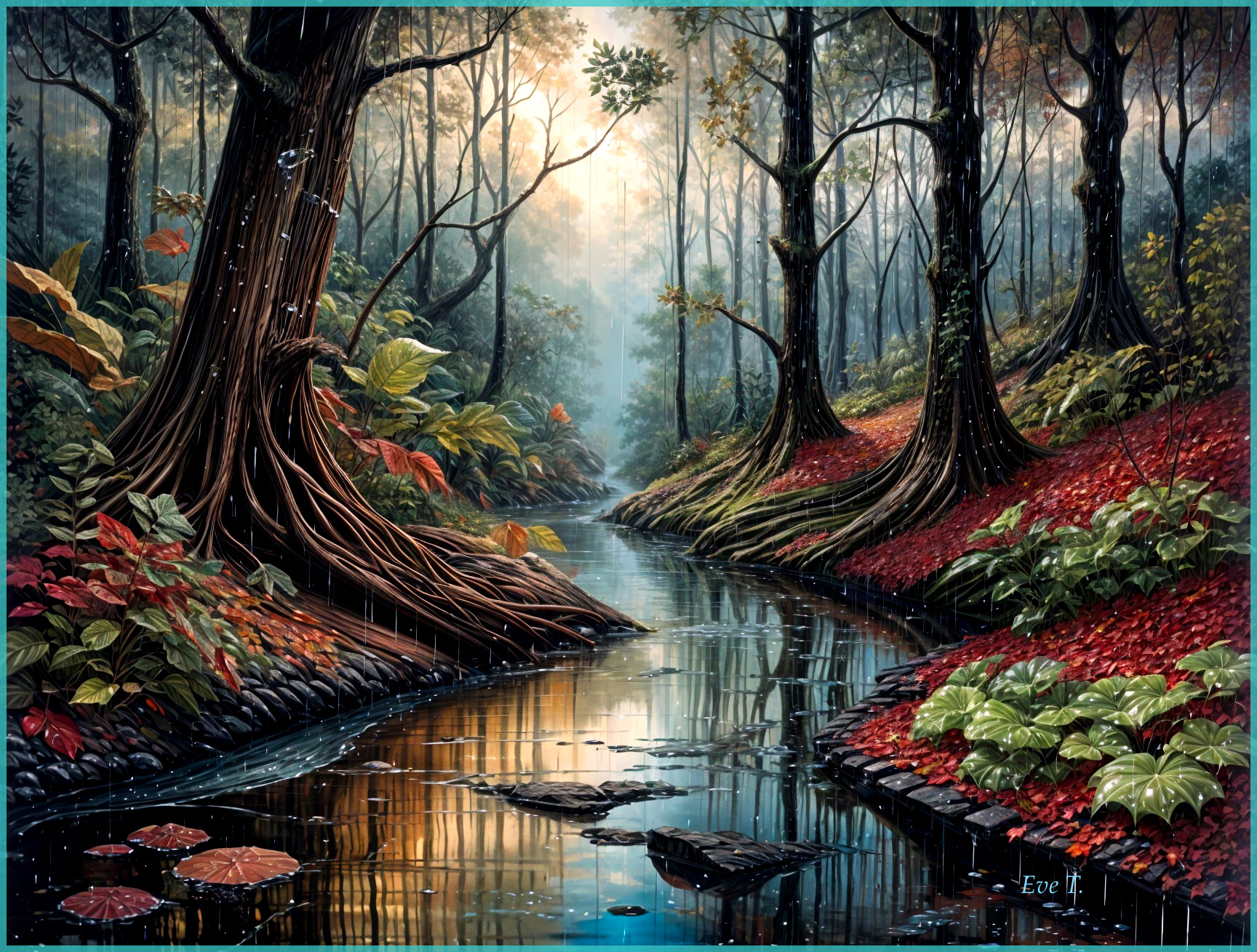 Serene Forest Scene with Stream and Autumn Foliage
