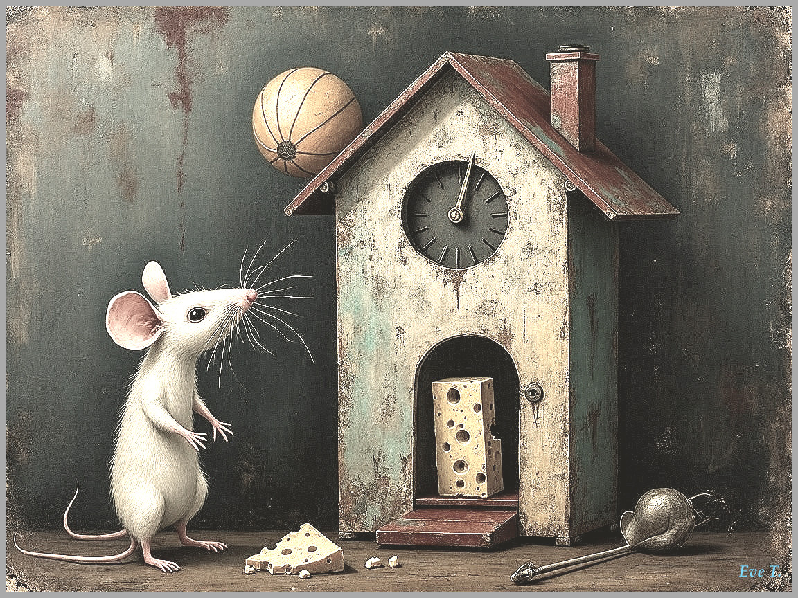 Whimsical Mouse Beside Clock House with Cheese and Ball