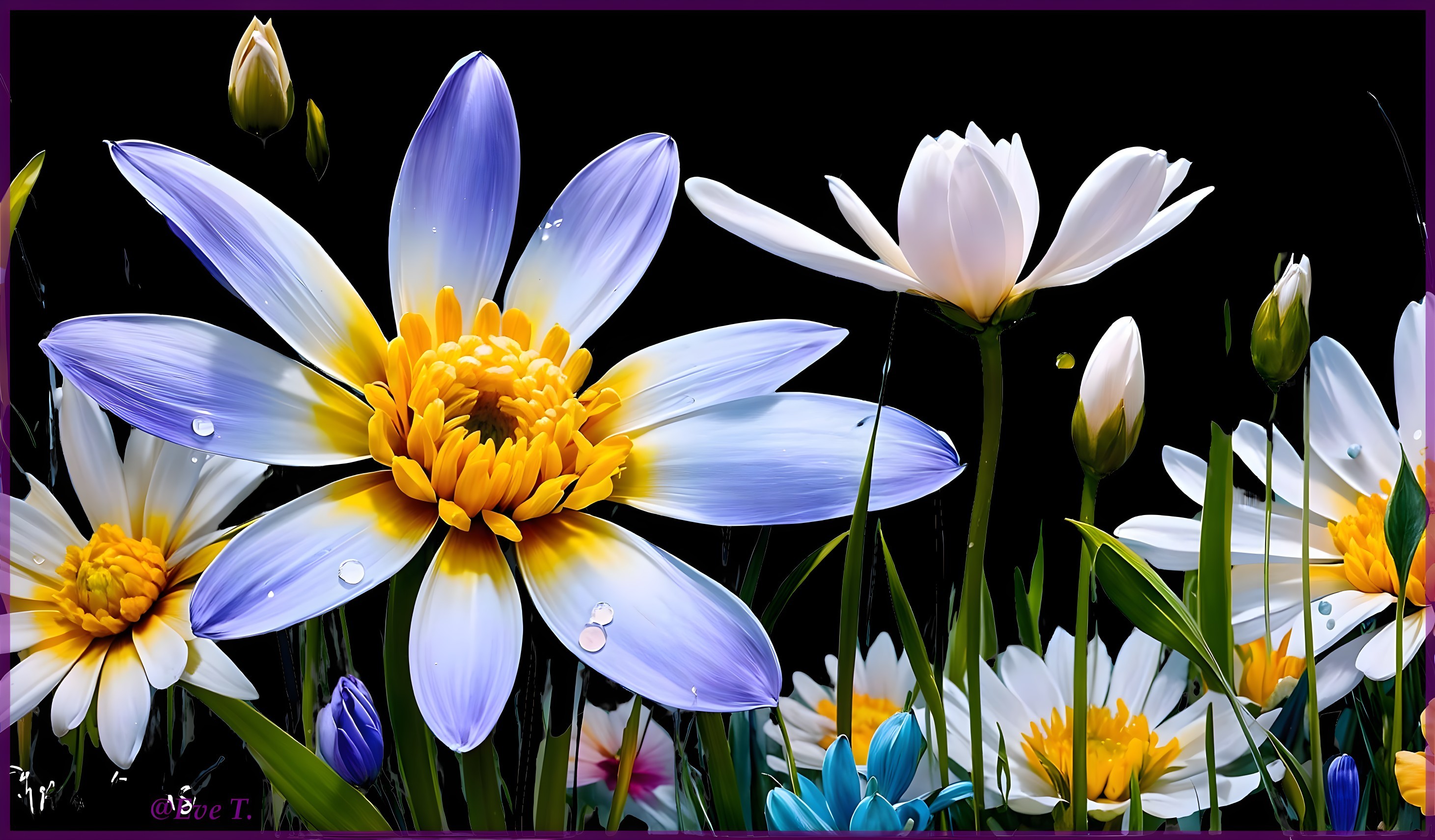 Vibrant Flower Arrangement with Water Lily and Dew Drops