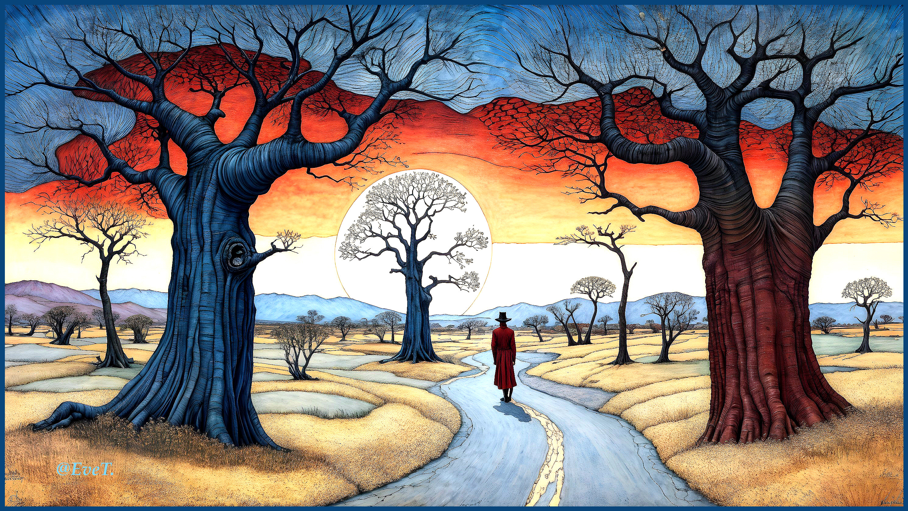 Surreal Landscape with Colorful Trees and Distant Mountains