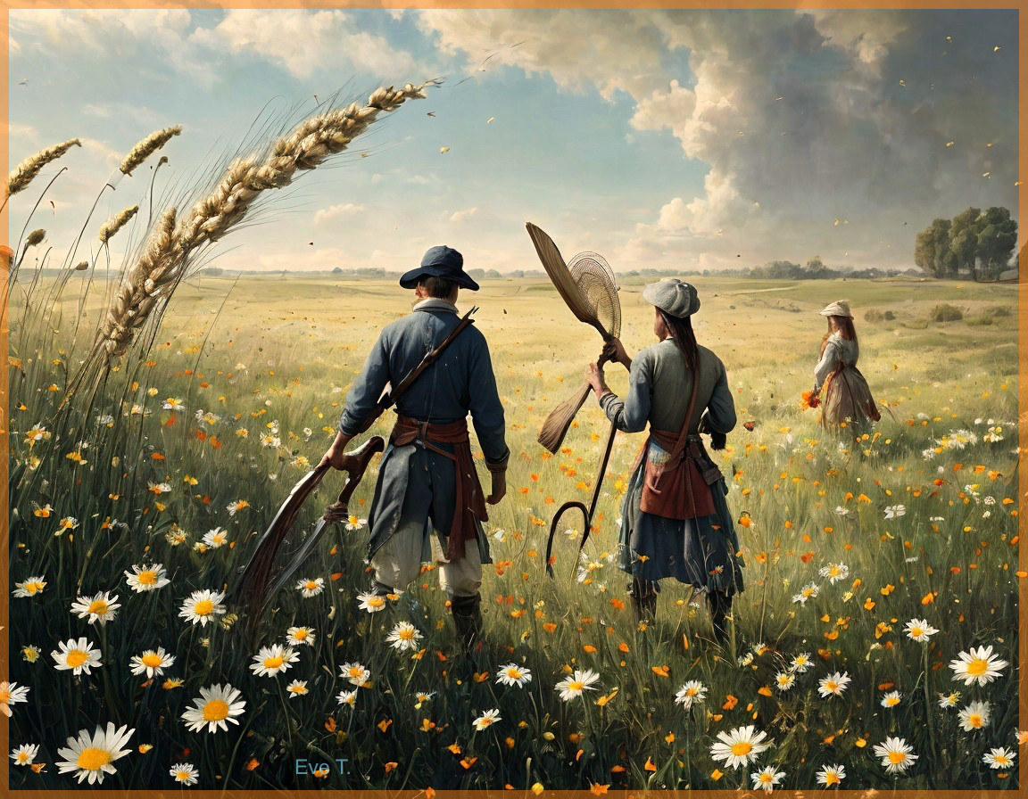 Vintage Figures in Blooming Field with Farming Tools