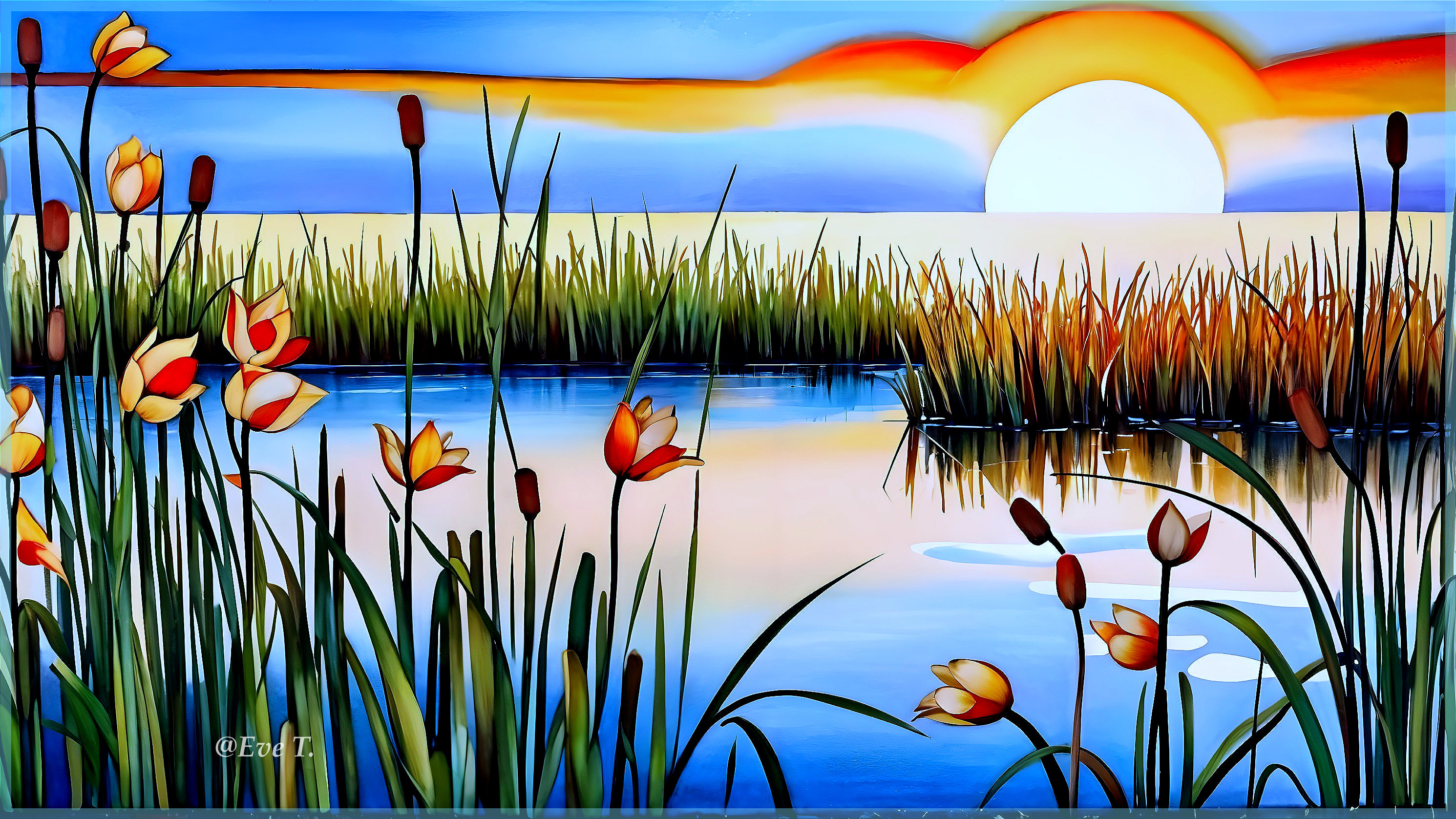 Serene Landscape with Sunset and Reflective Water