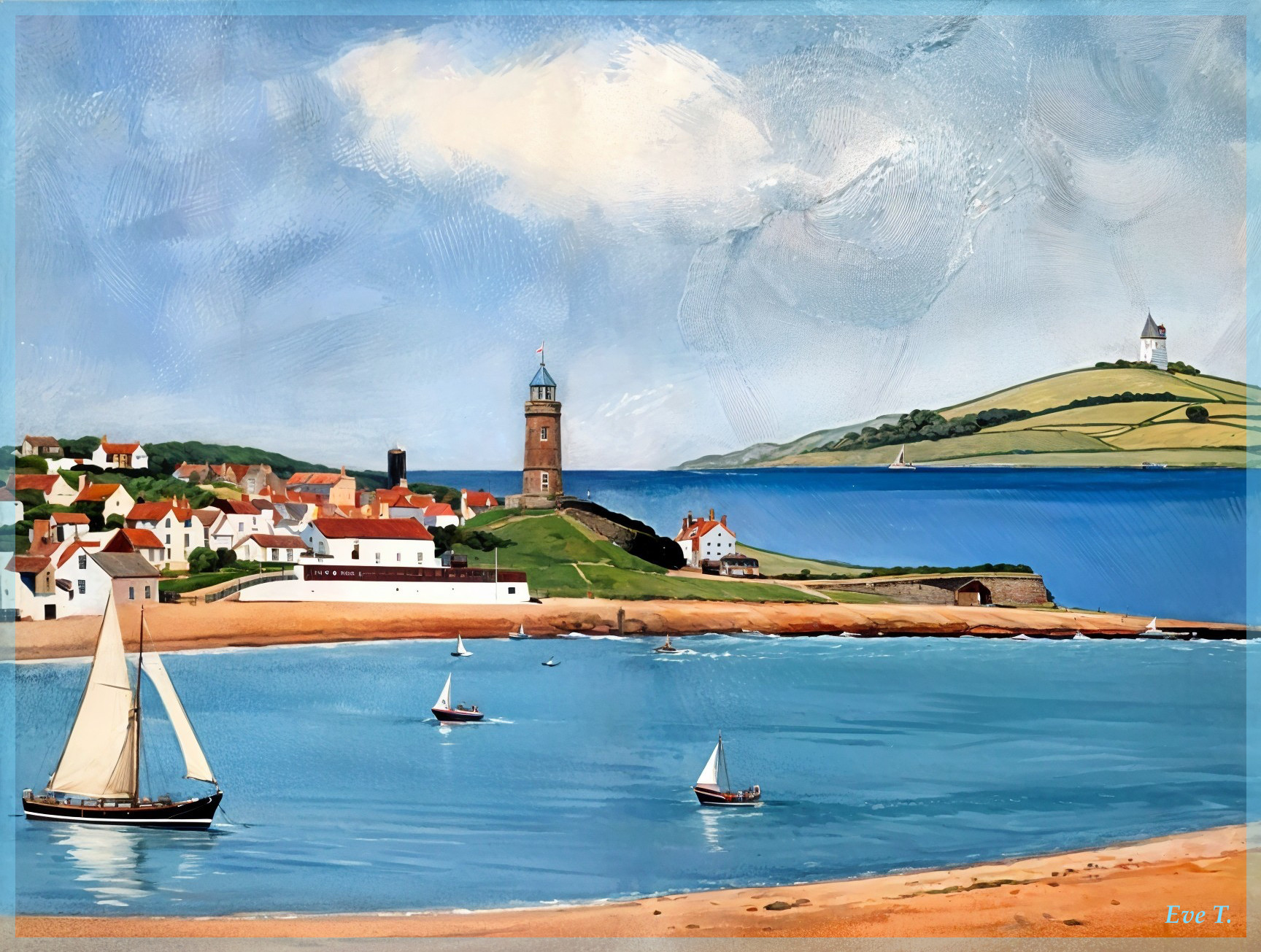 Serene Coastal Landscape with Sailboats and Lighthouse